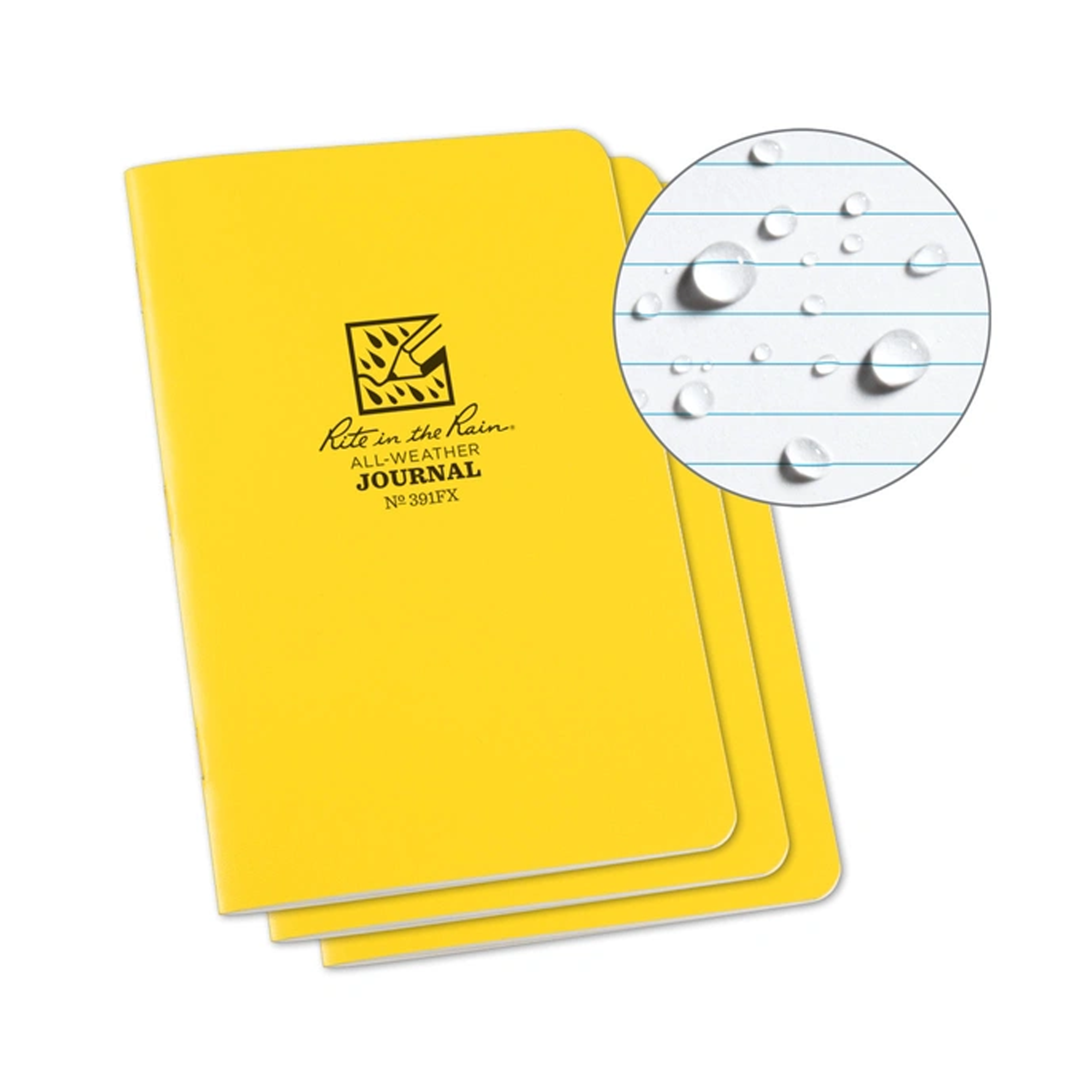 3 yellow waterproof lined journals with a circular inset showing water droplets on the cover, on a white background.