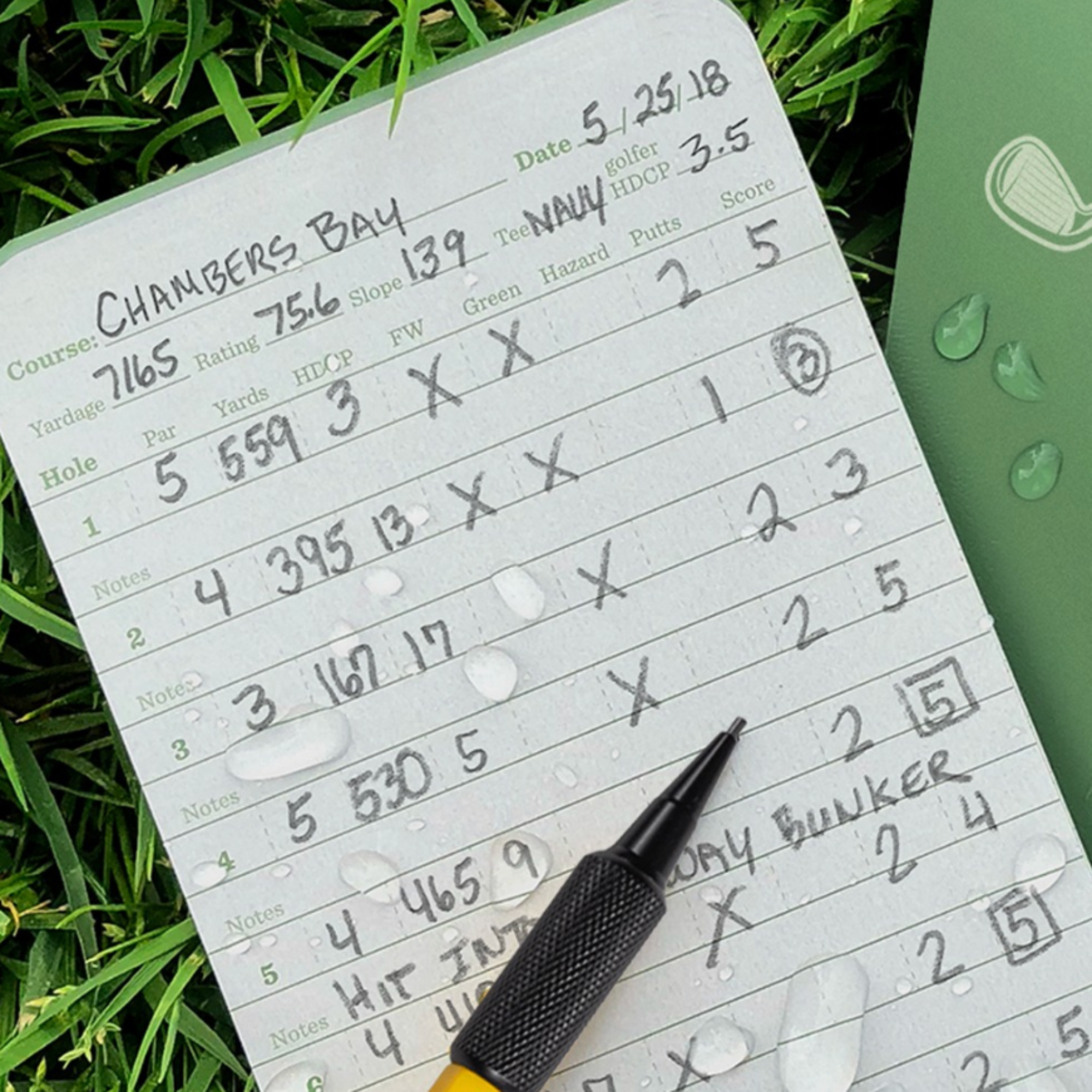 Golf scorecard with pen on grass