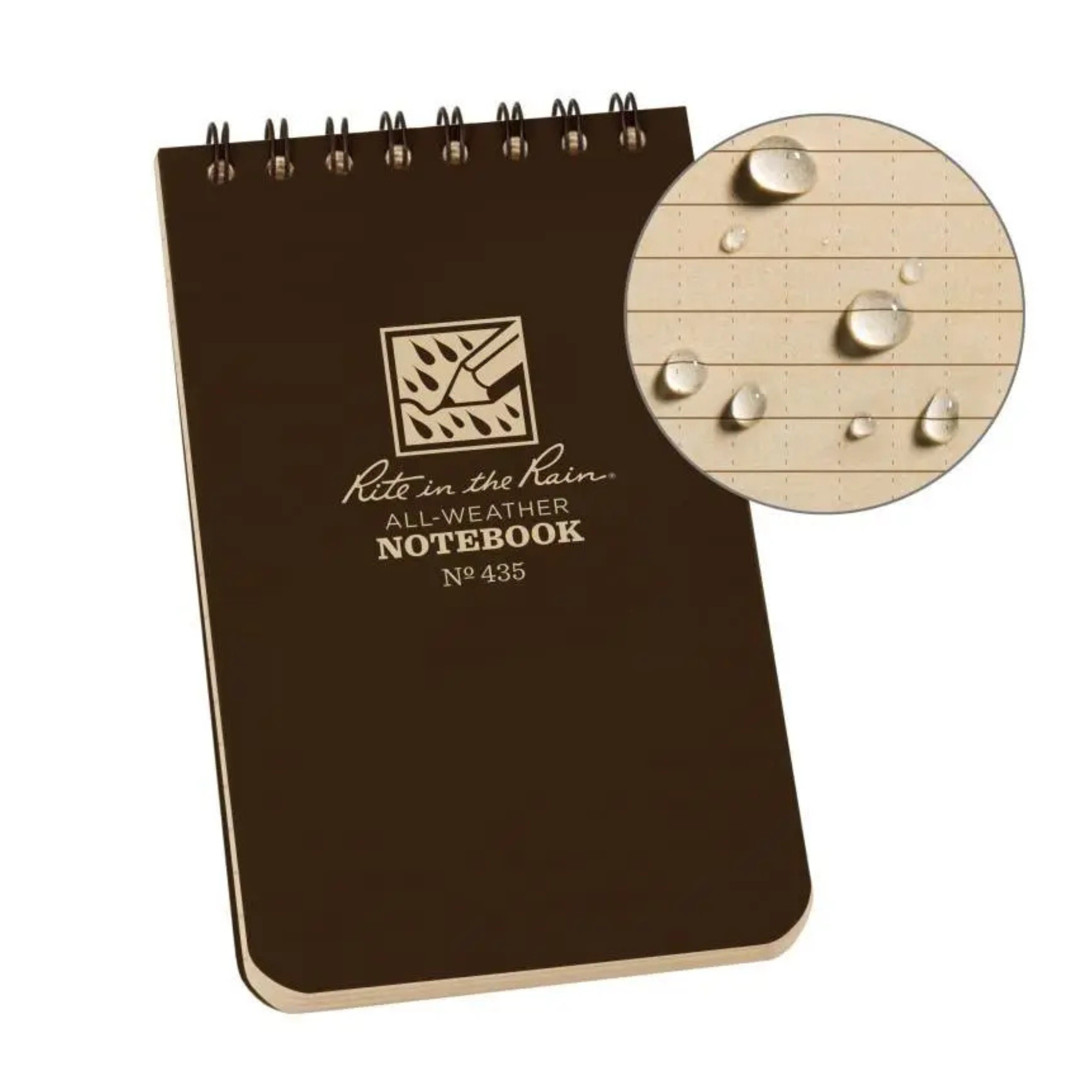 Rite in the Rain Brown notebook with logo and water droplet illustration on a white background