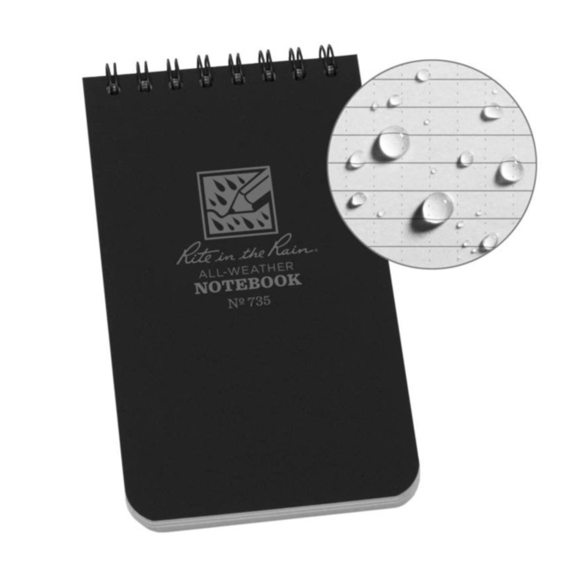 Rite in the Rain Black notebook showing water resistance on a white background.