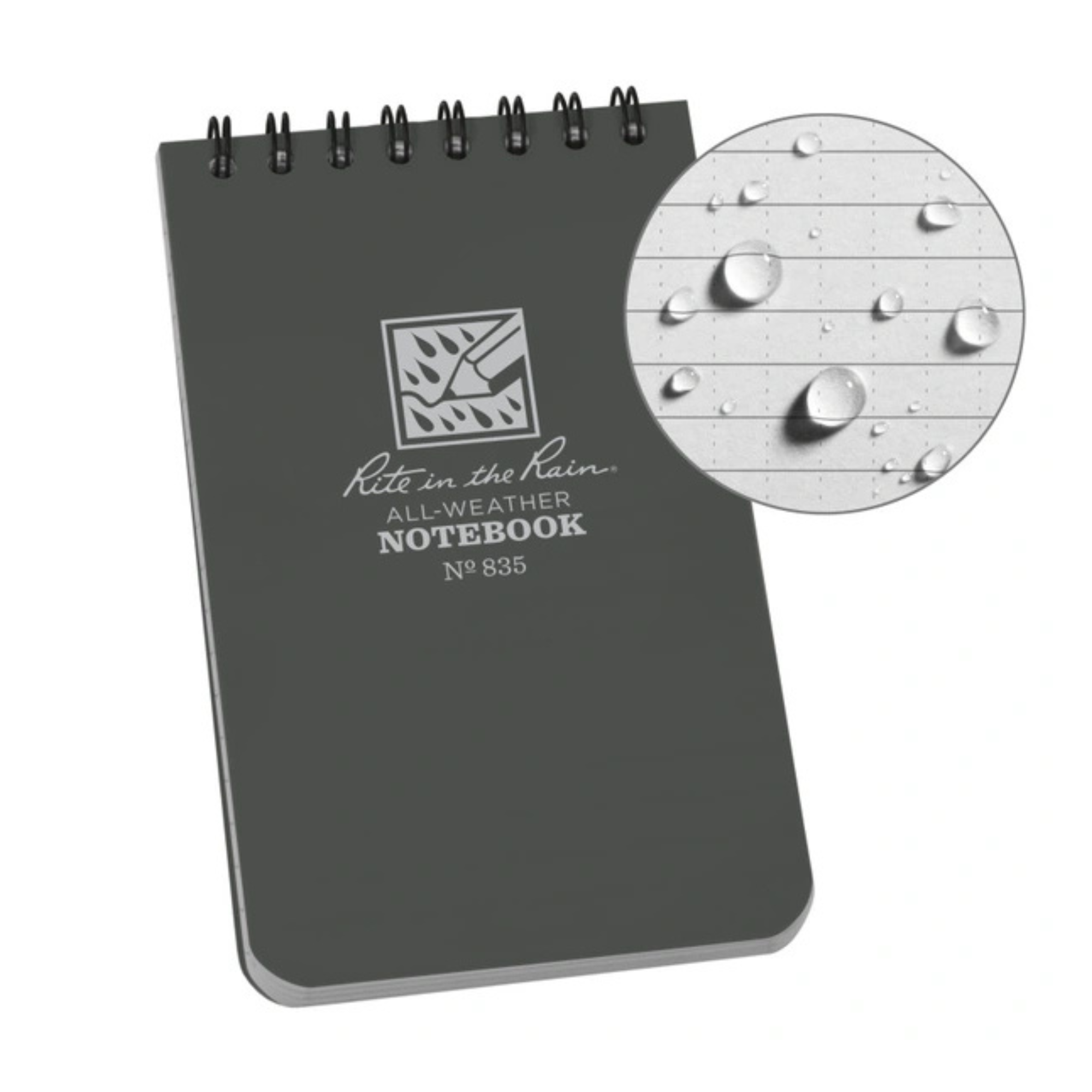 Rite in the Rain Grey notebook with water droplets on a white background