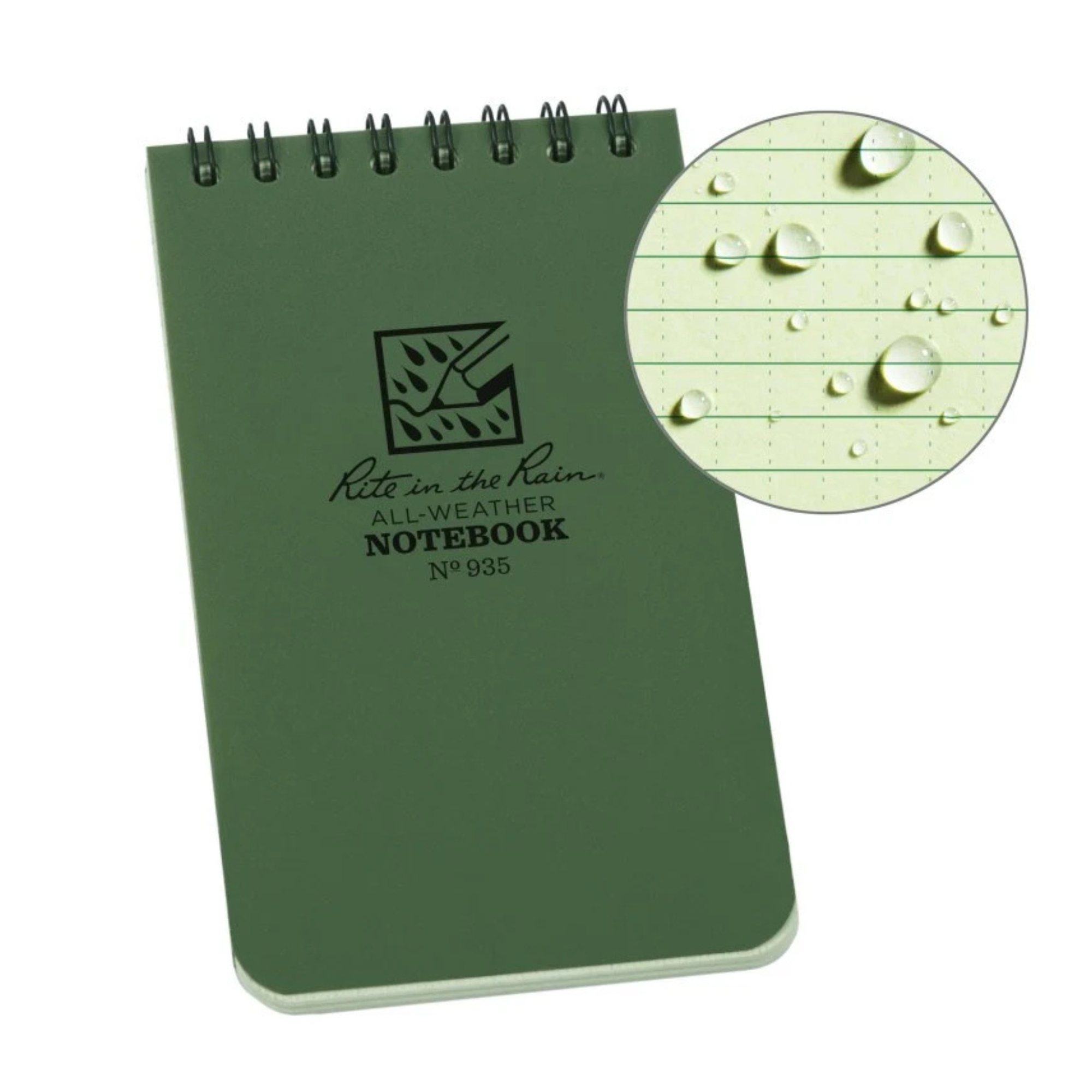 Rite in the Rain Green notebook with water droplets on the paper.