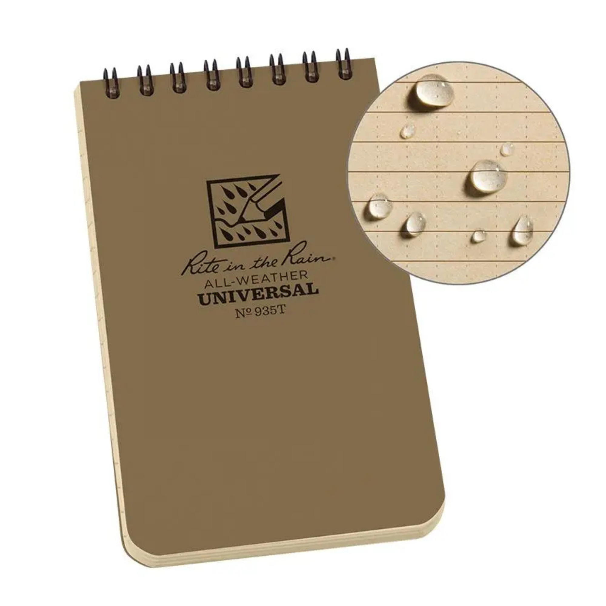 Rite in the Rain Tan notebook with showing water resistance on a white background.
