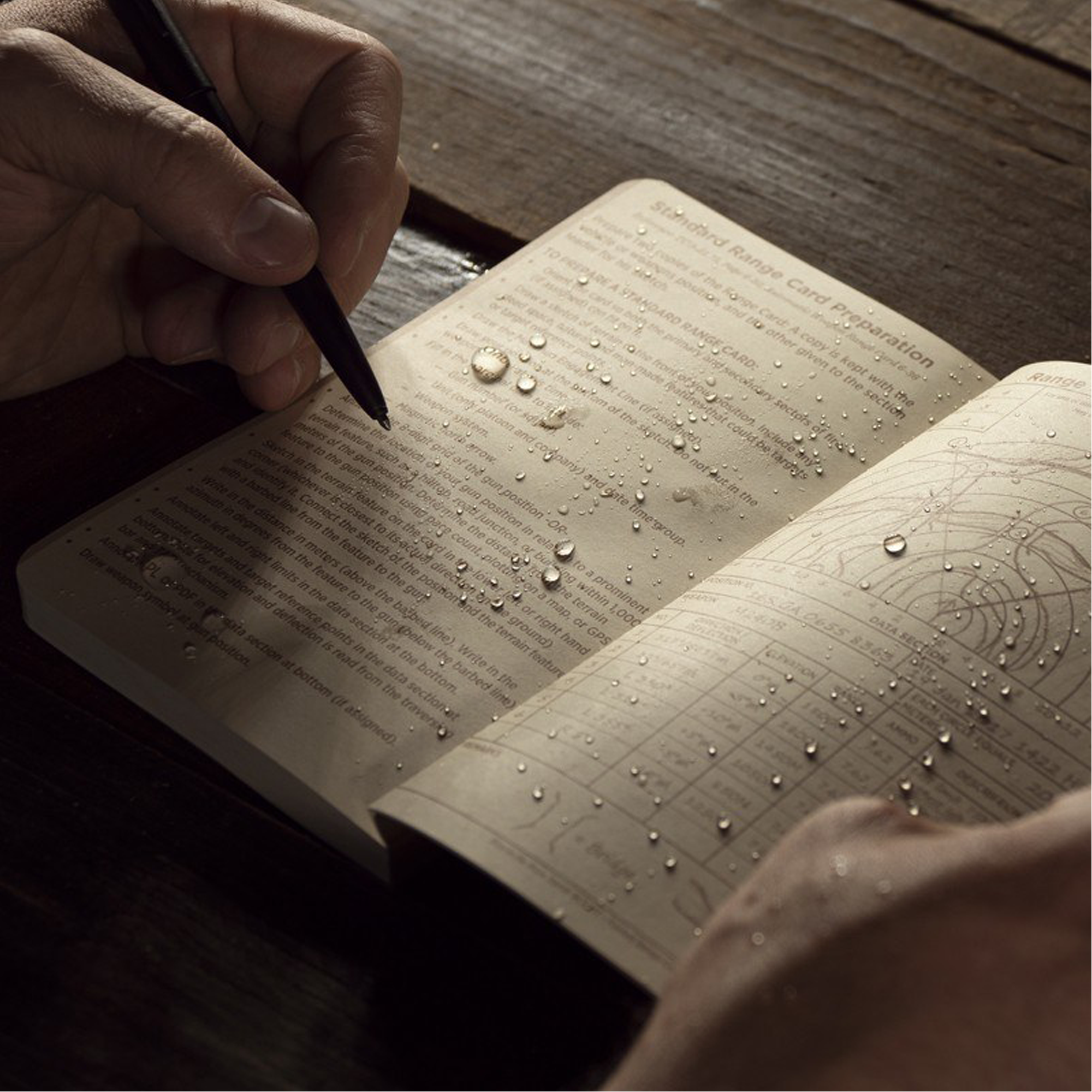 A close-up of an open book on a dark wooden surface, with water droplets on the pages and a hand holding a black pen above the text.