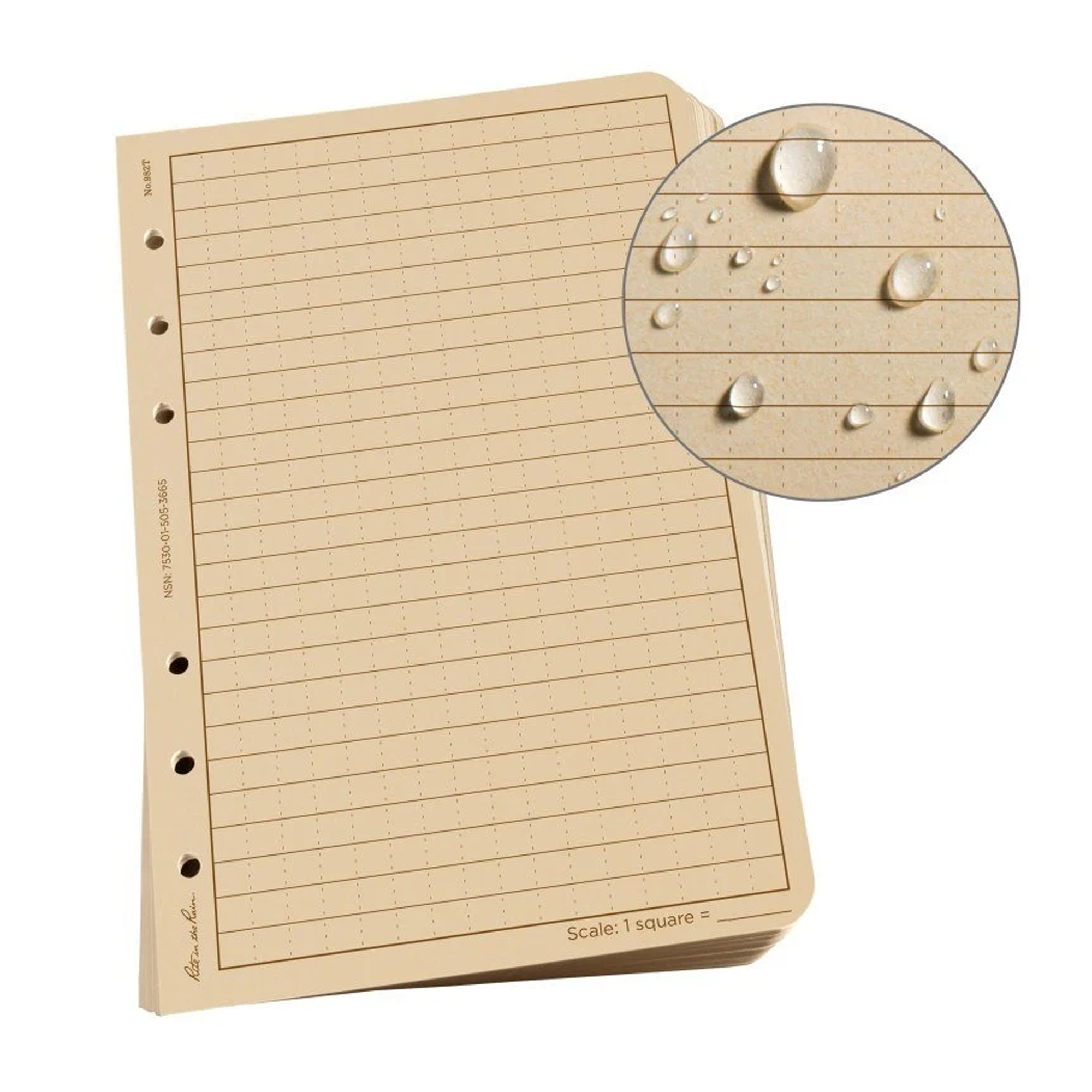 Tan paper sheets with a circular inset demonstrating water droplets on the surface.