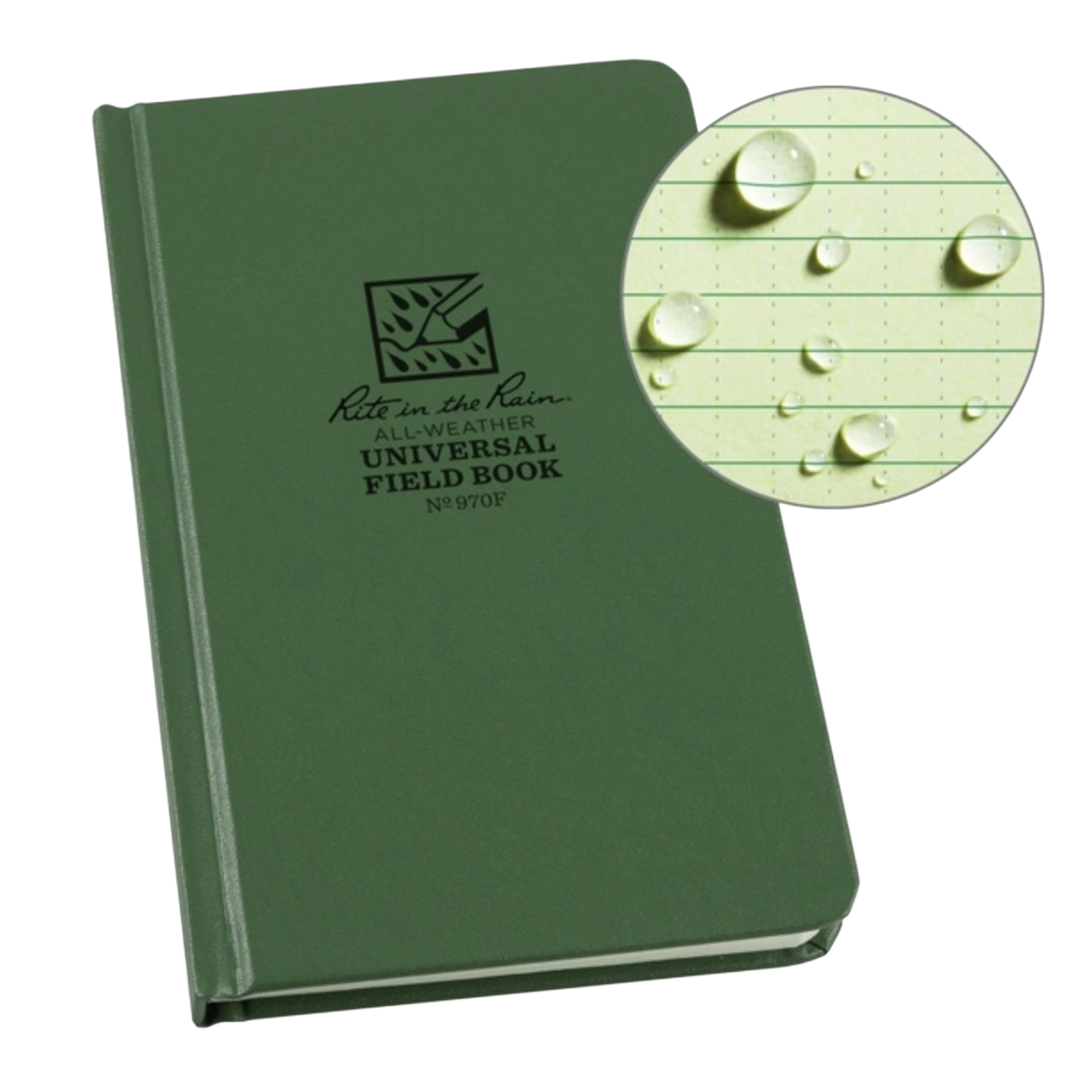 Green field book with water droplets on the paper, showing its waterproof feature.