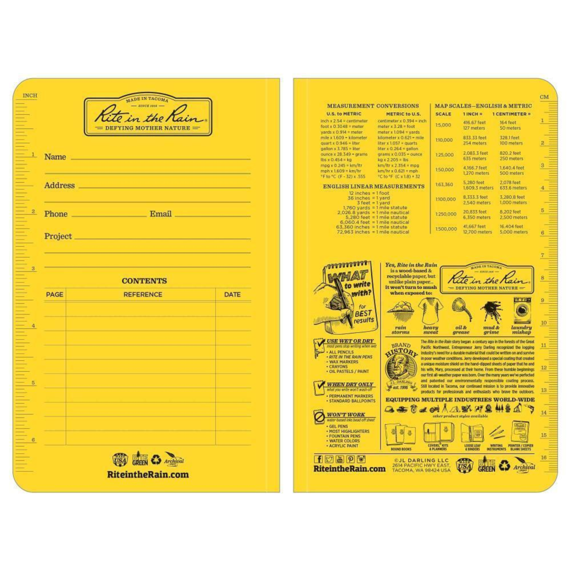 Yellow notebook with reference material on the back cover