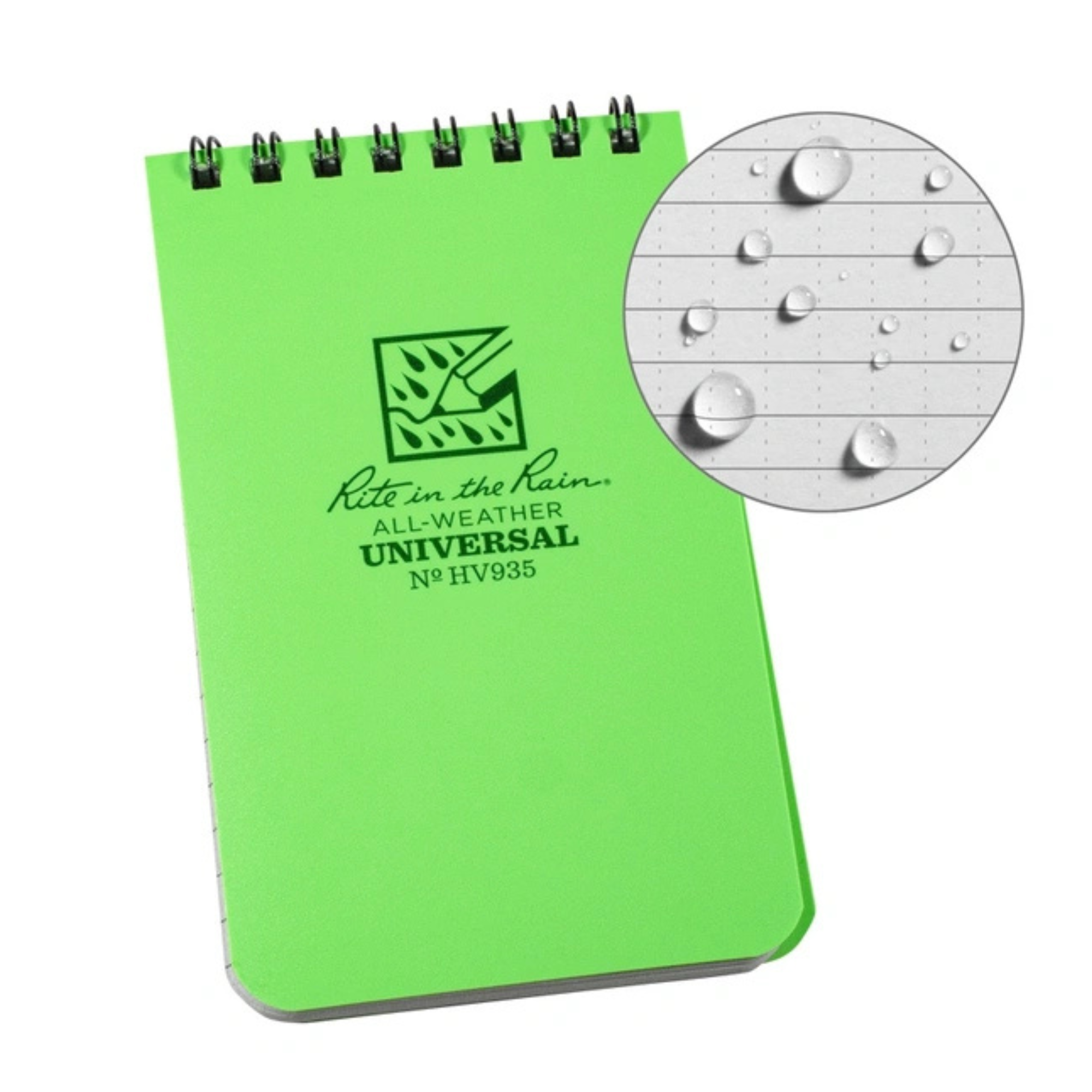 Rite in the Rain Hi Vis Green notebook showing water resistance on a white background.