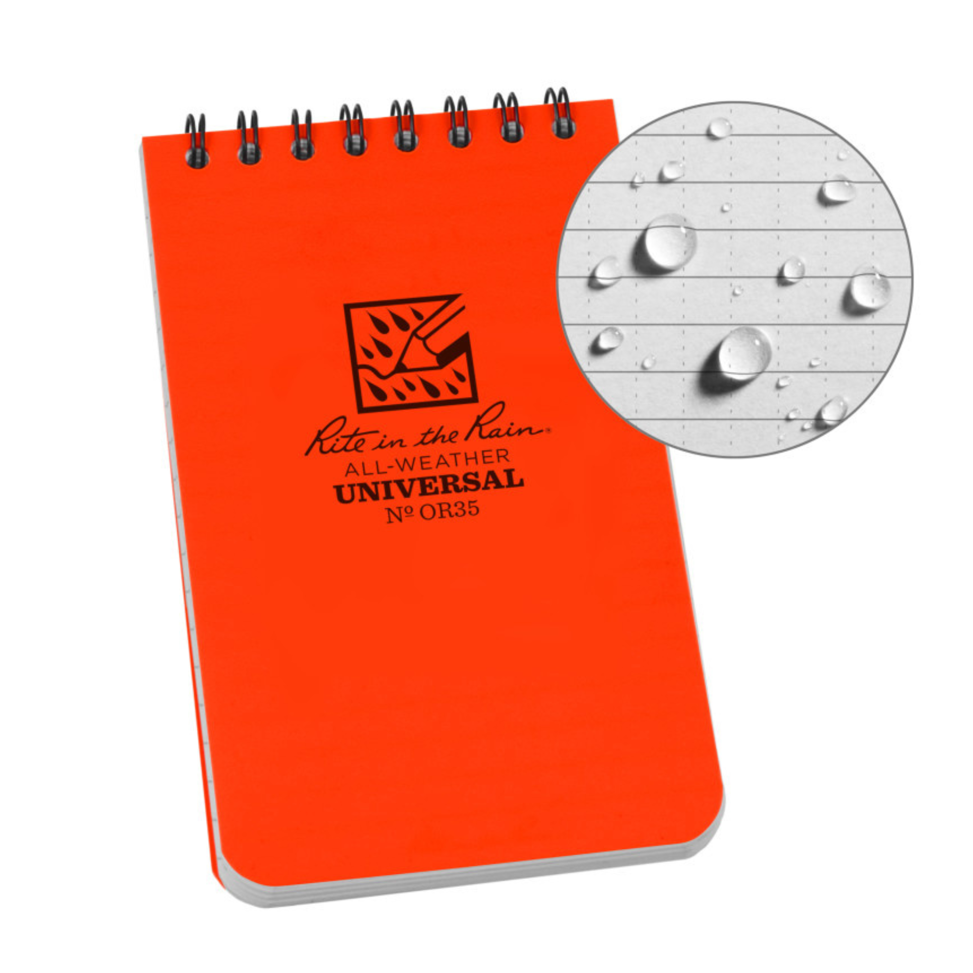 Rite in the Rain Orange notebook with water droplet graphic on a white background