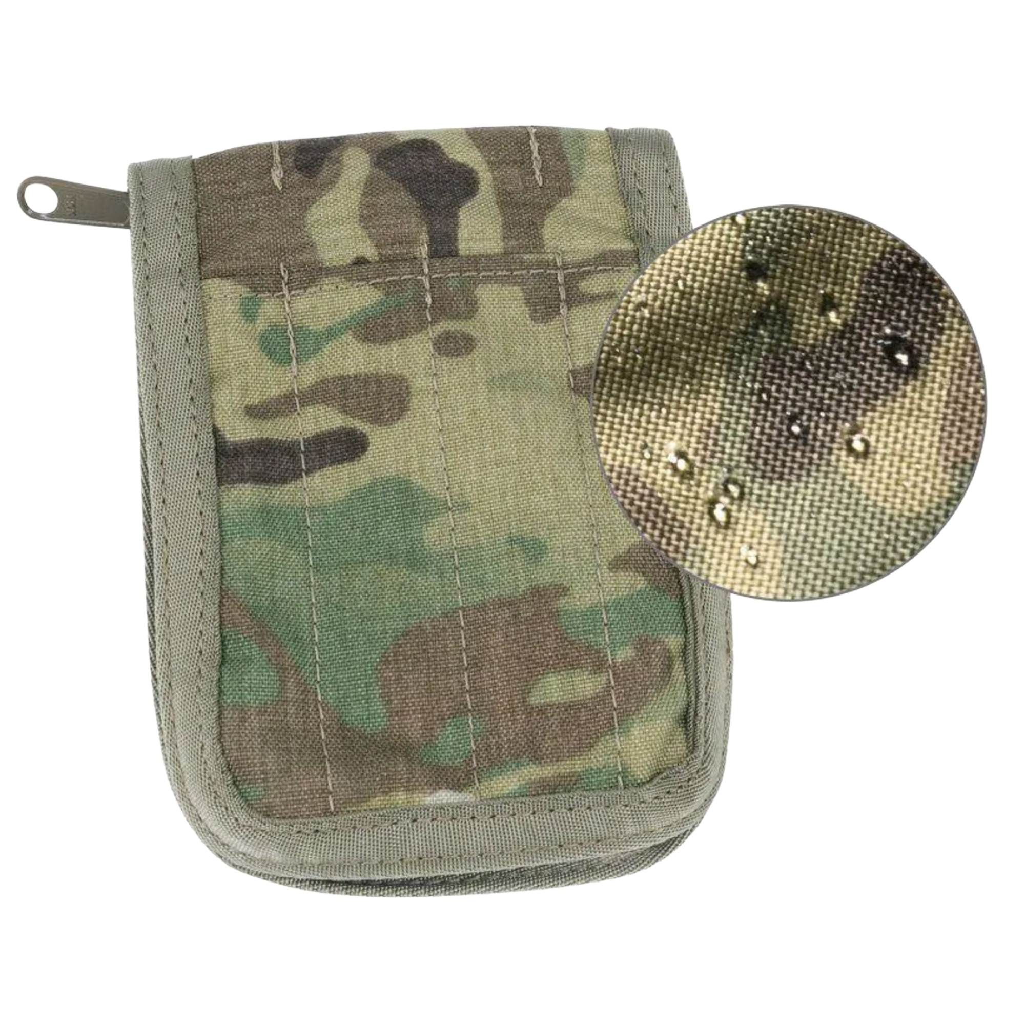 Camouflage pouch with a close-up stitching on a white background