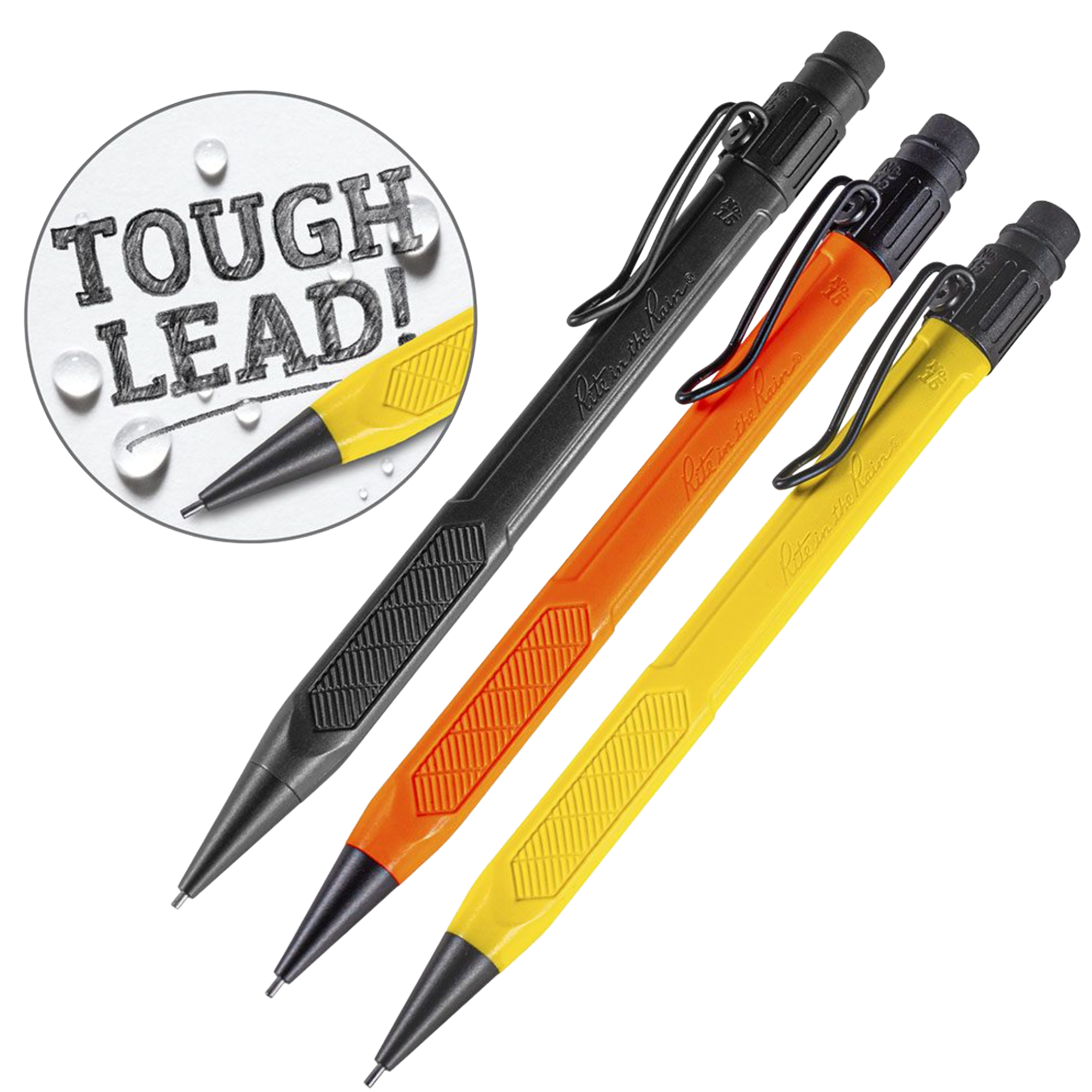 Three pens in black, orange, and yellow.