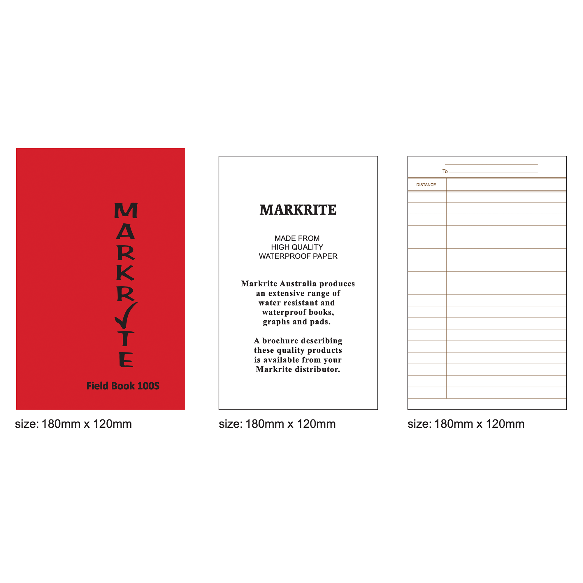 Markrite field book 100S with red cover, black text, and white pages on a white background.