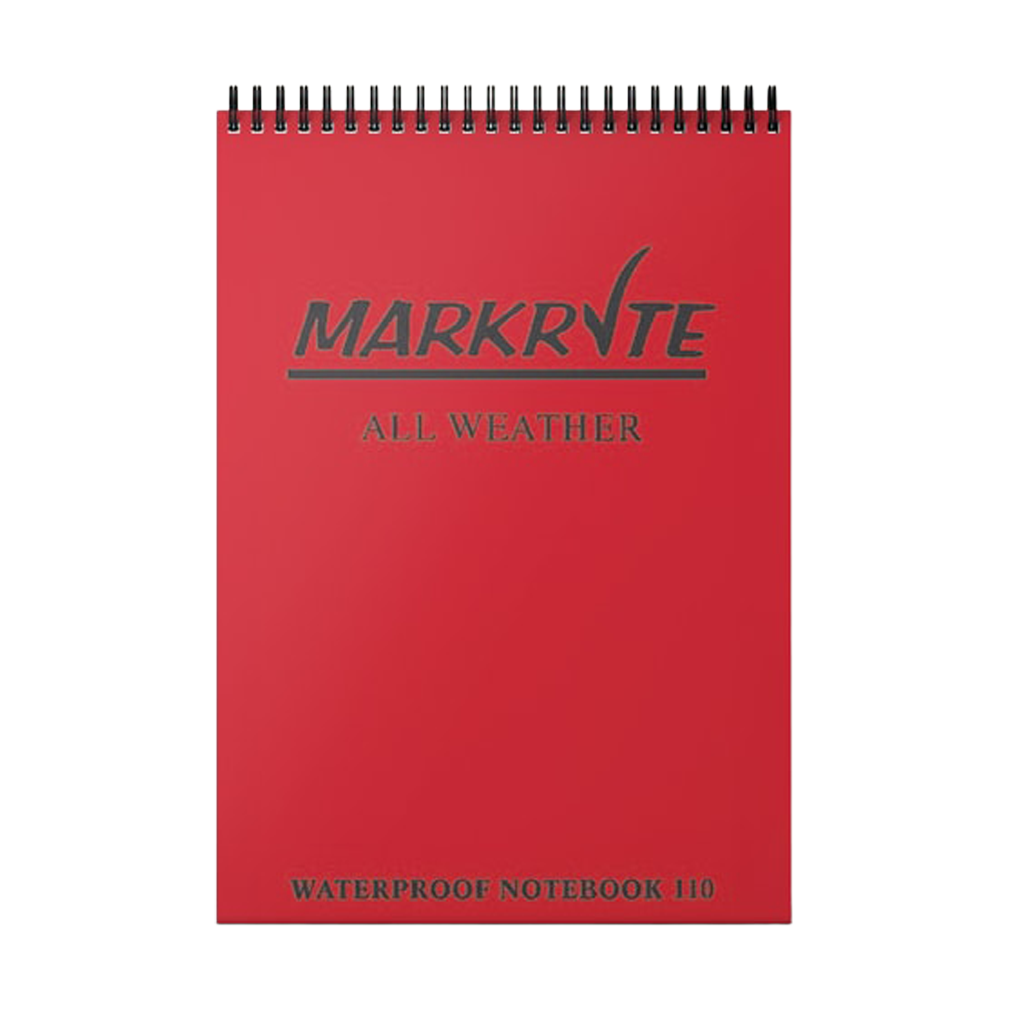 Red notebook with 'Markrite All Weather' branding on a white background