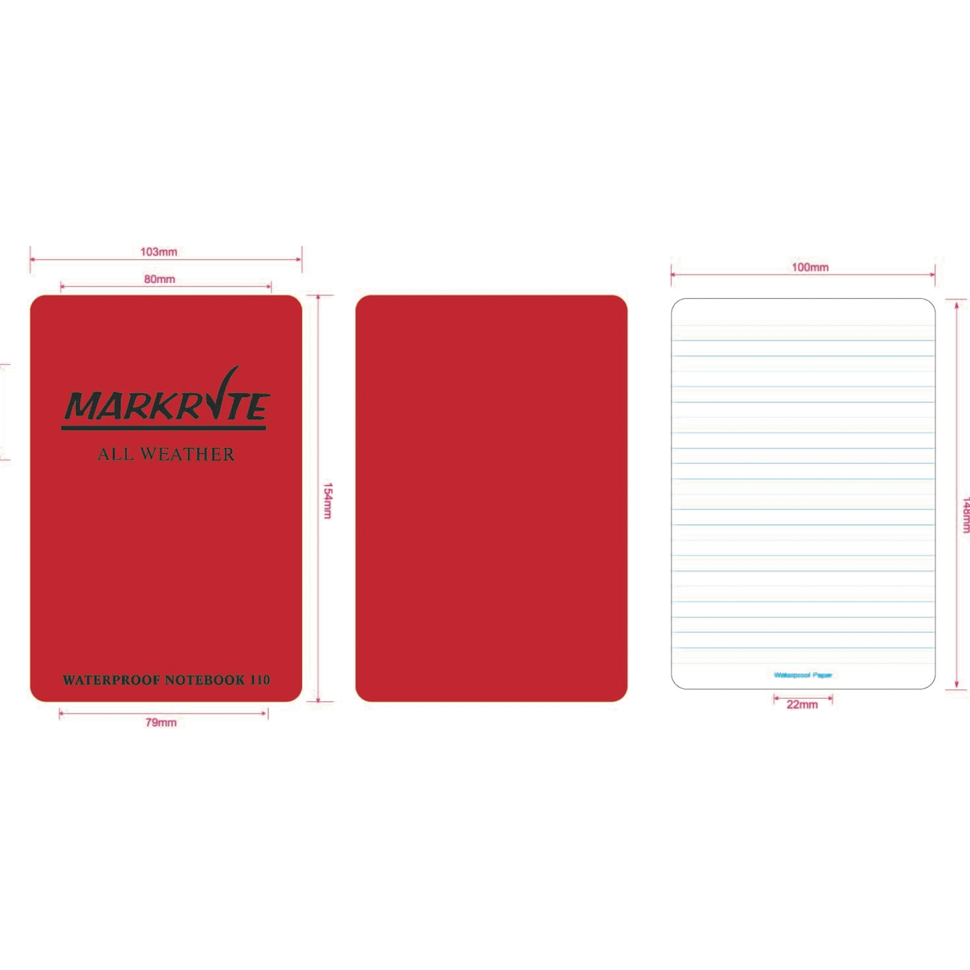 Red waterproof notebook with dimensions and layout details on a white background