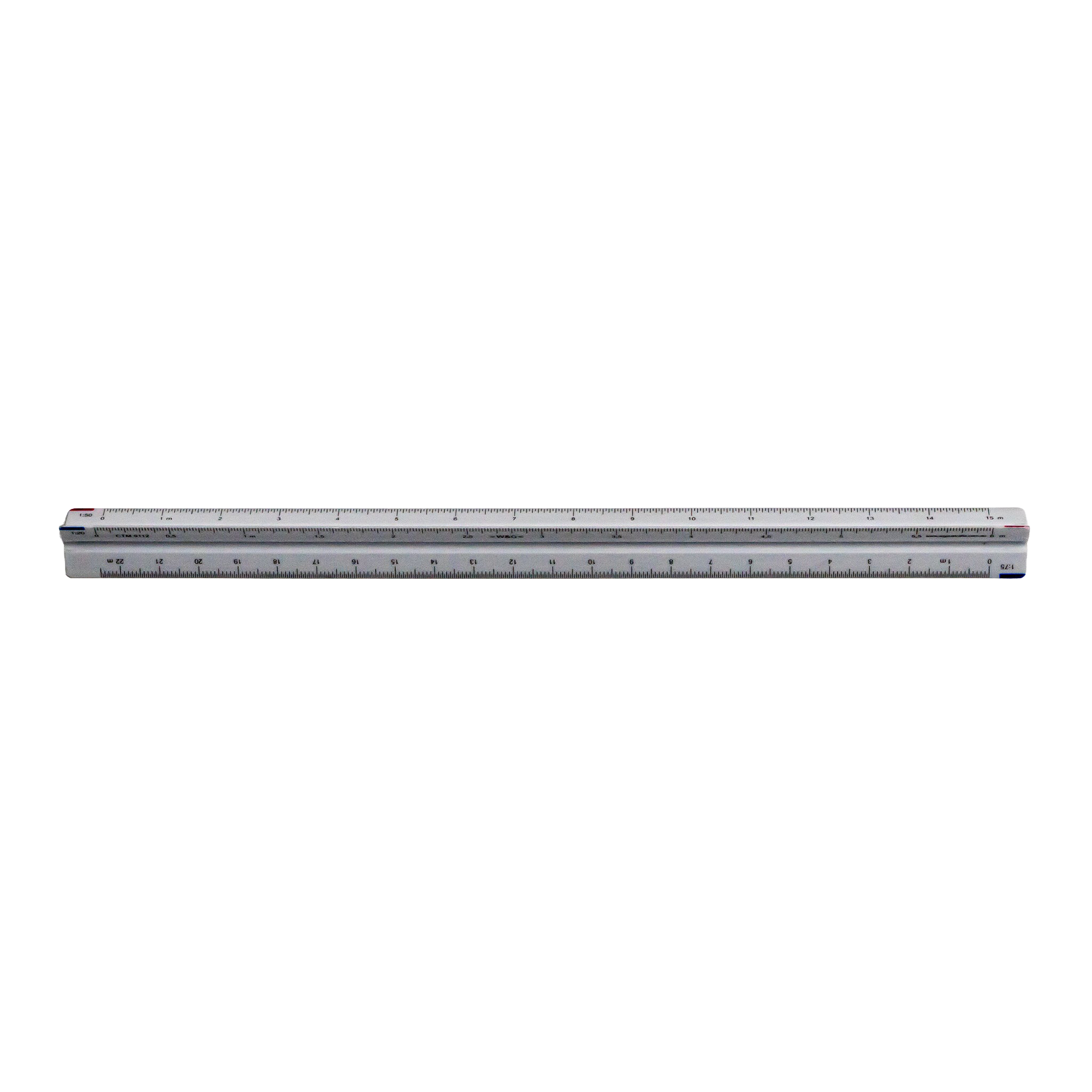 A long white ruler with black measurement markings on a white background