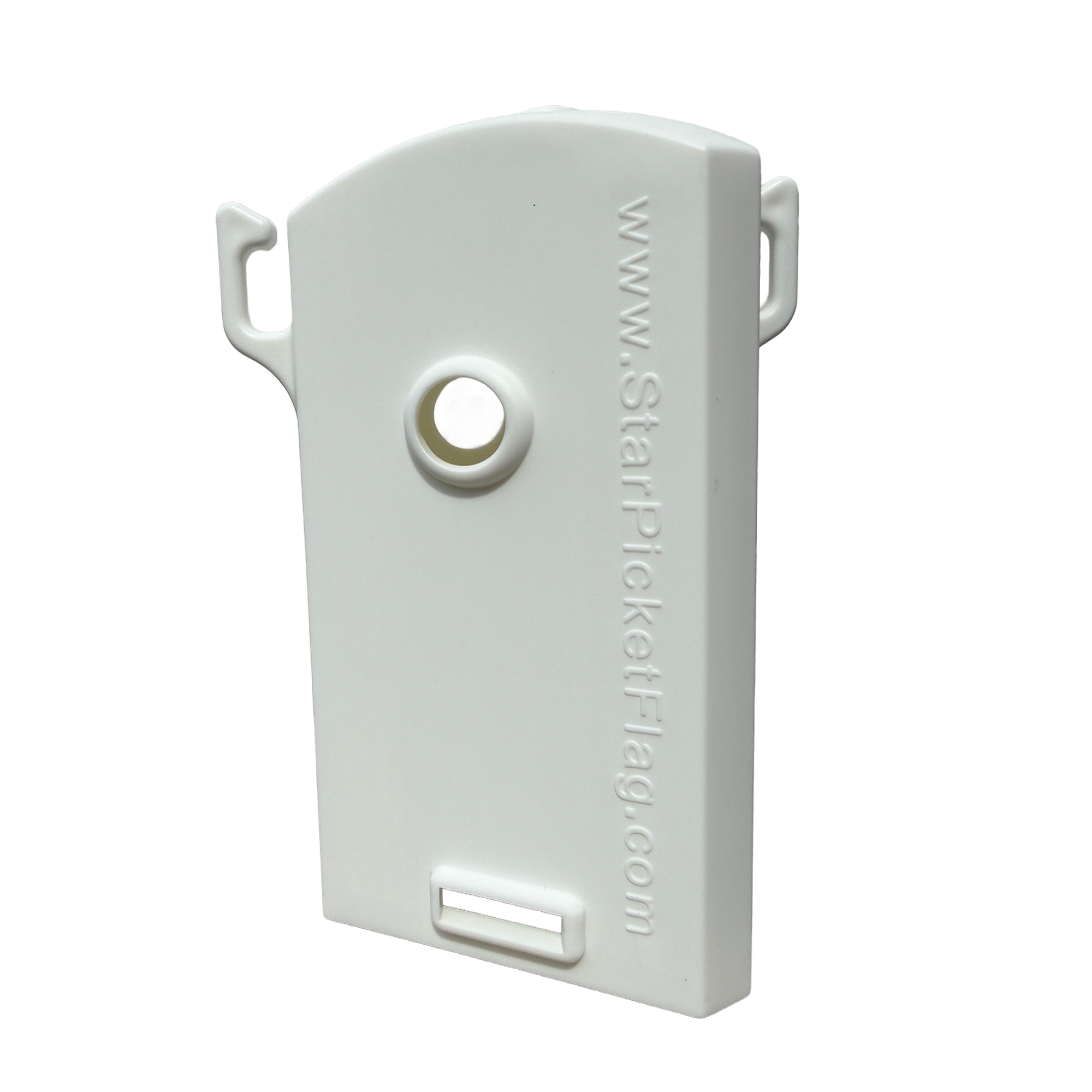 White plastic cap with circular hole on a white background