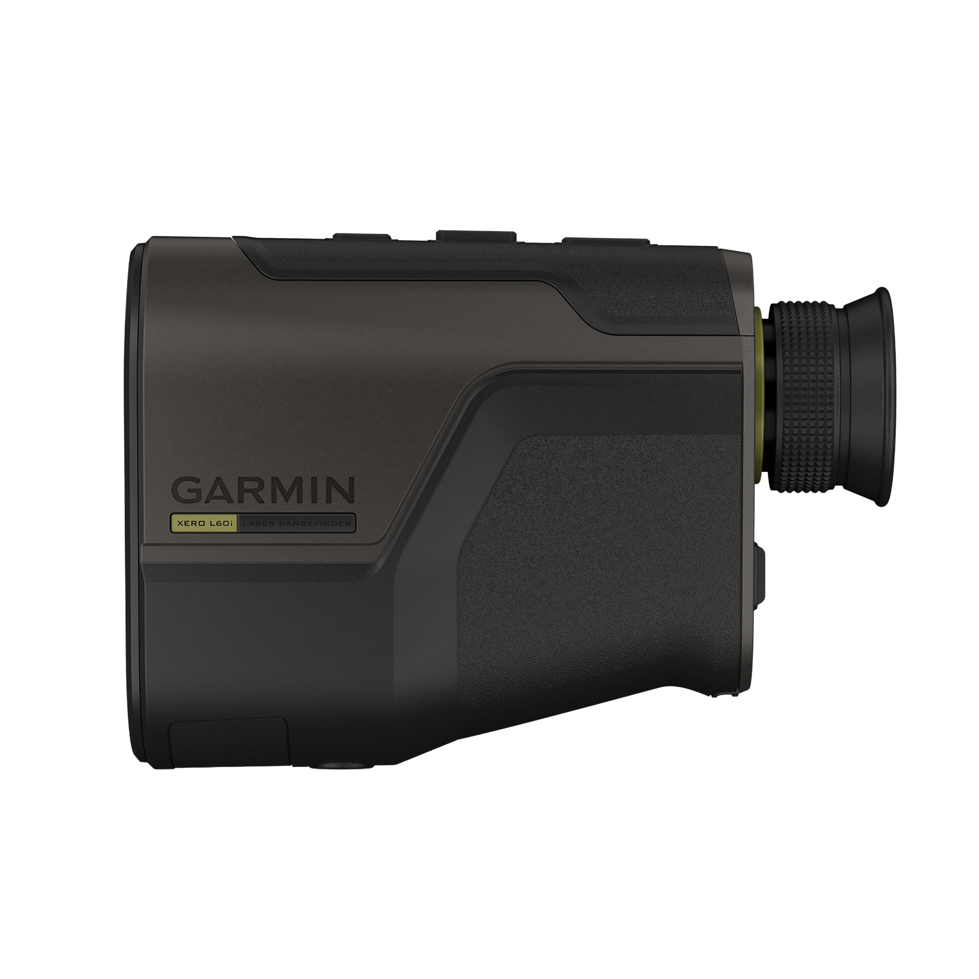 A Garmin monocular device in matte black, shown from a side profile view