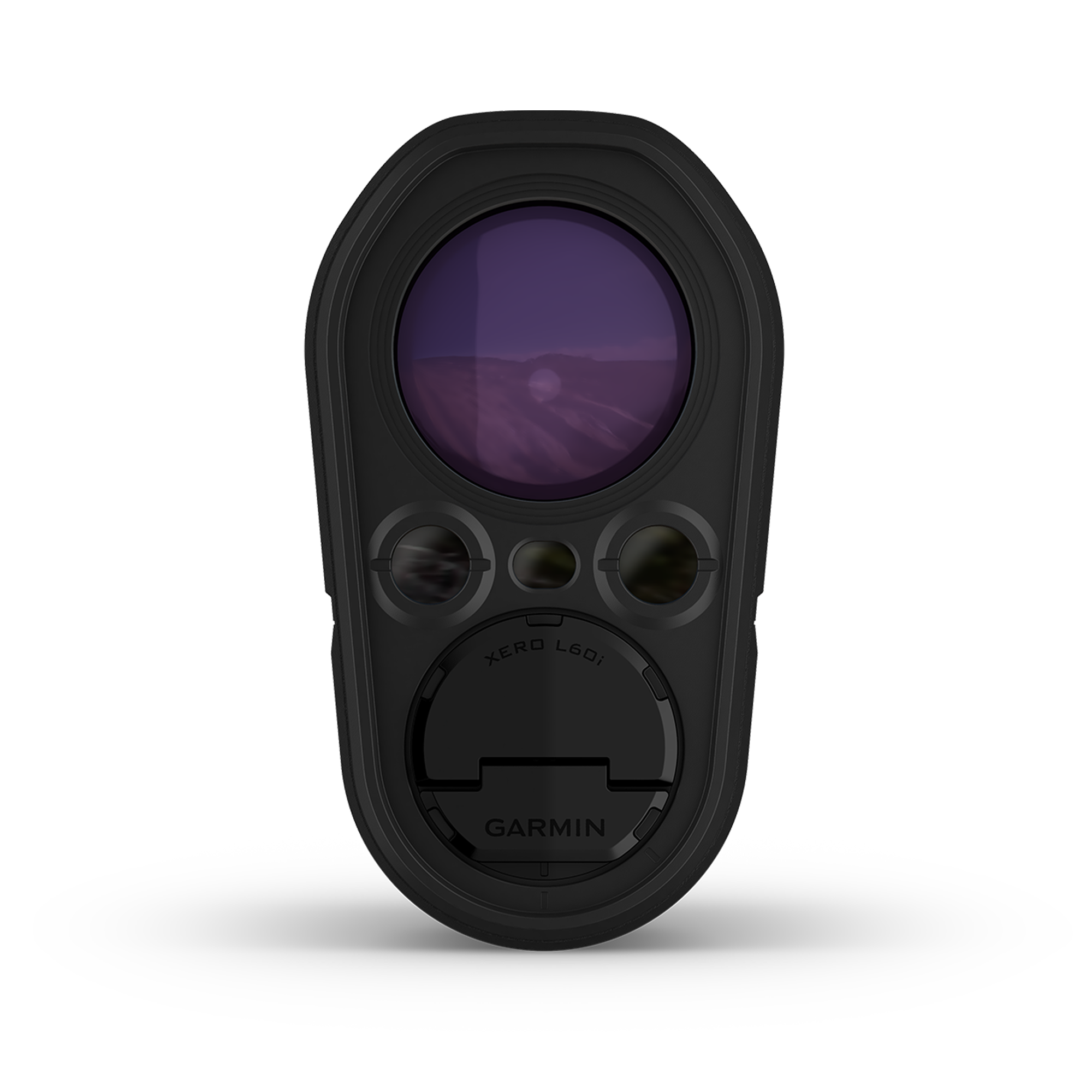 A black Garmin RangeFinder with a prominent purple-tinted lens