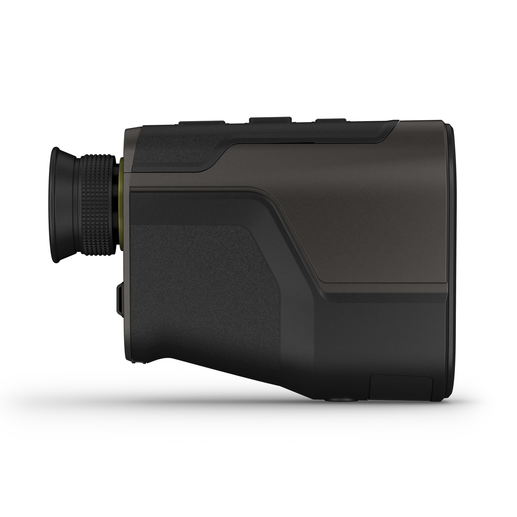 A black tactical rangefinder from a side profile view