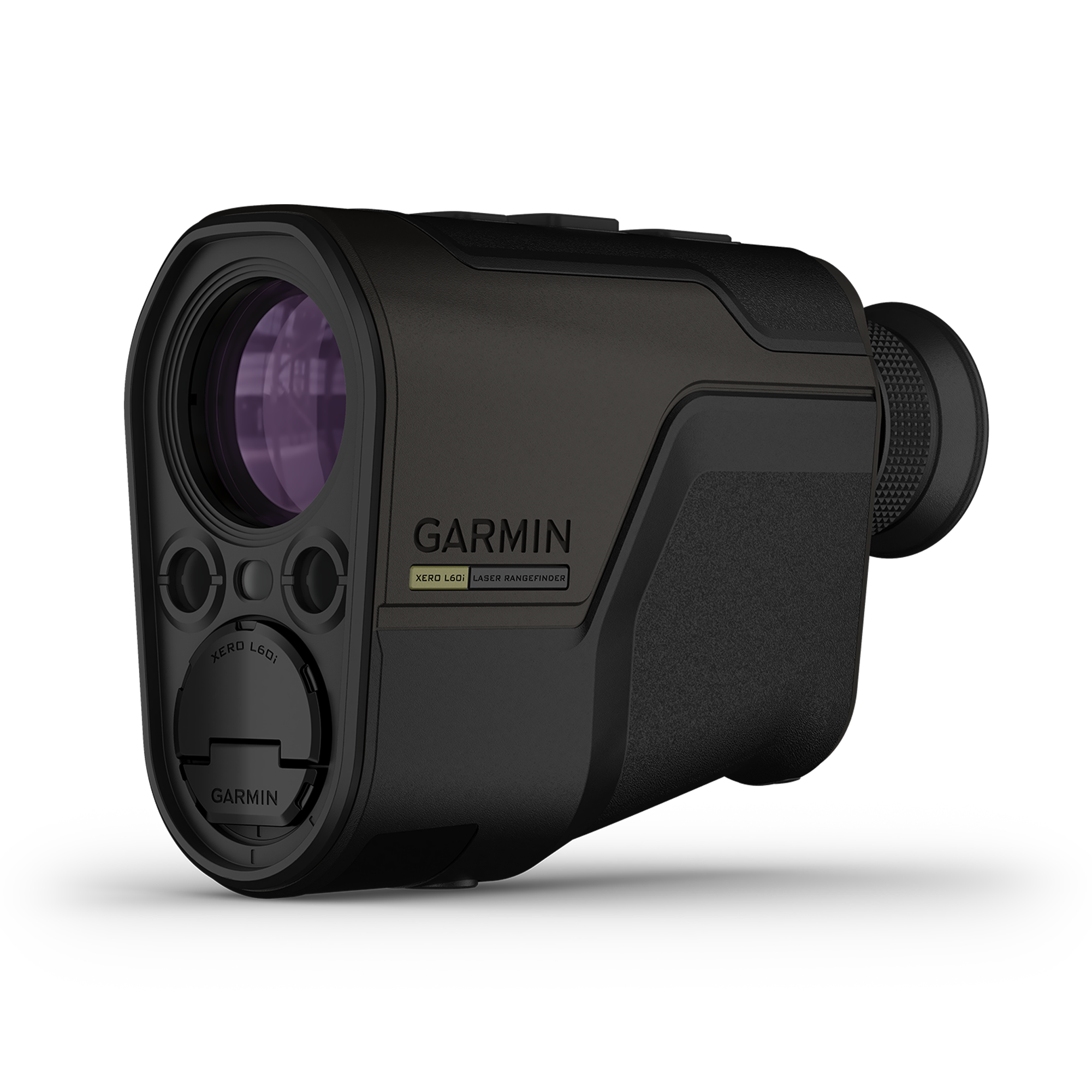 A black Garmin laser rangefinder with a purple-tinted objective lens