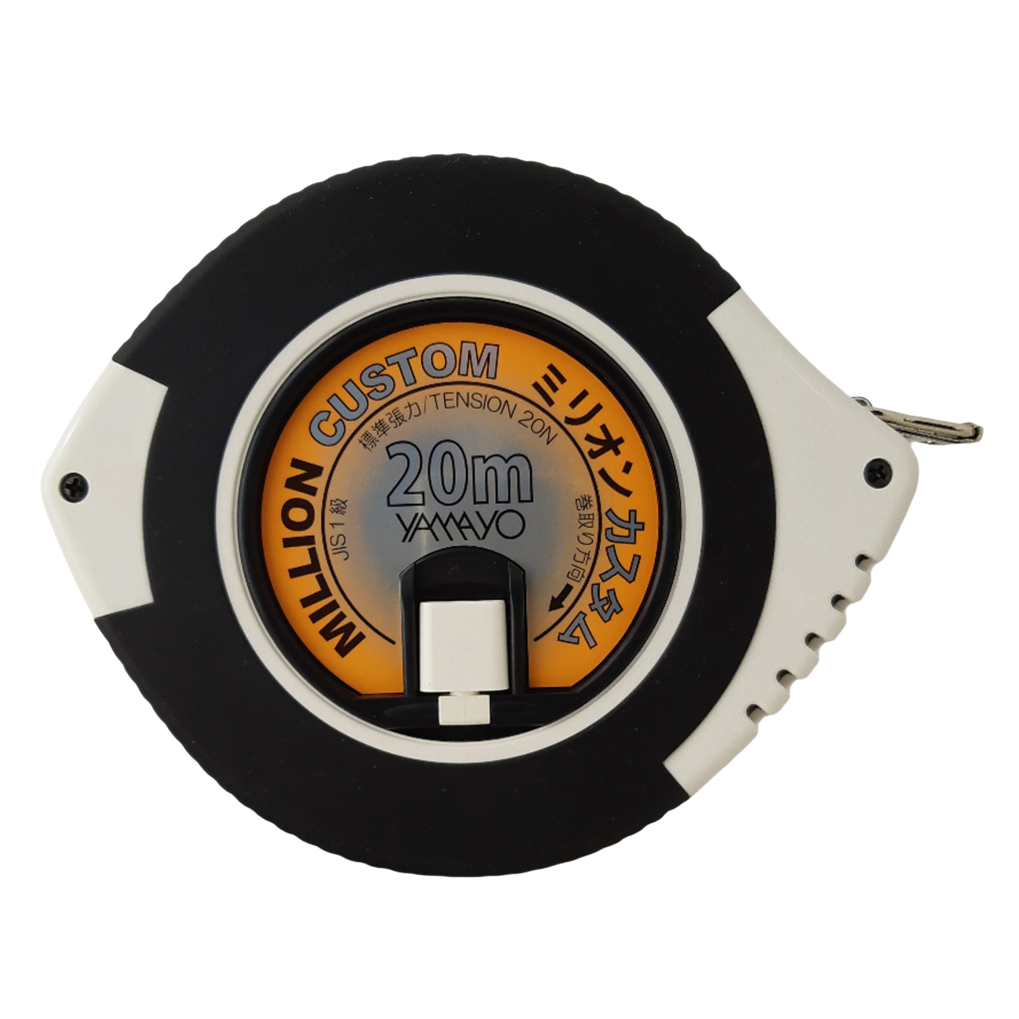 Tape measure with black, orange, and white design on a white background