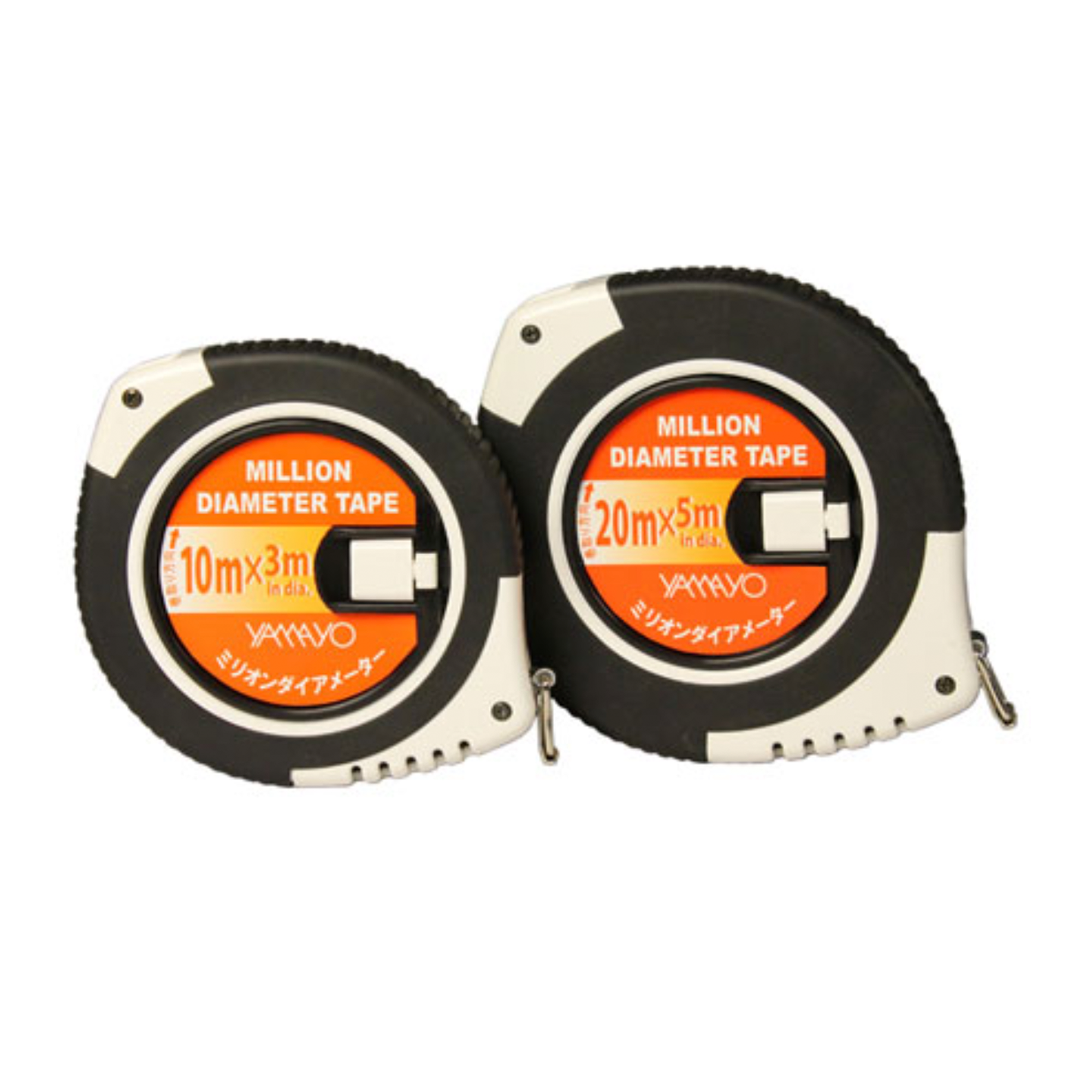 Two measuring tapes with orange labels on a white background