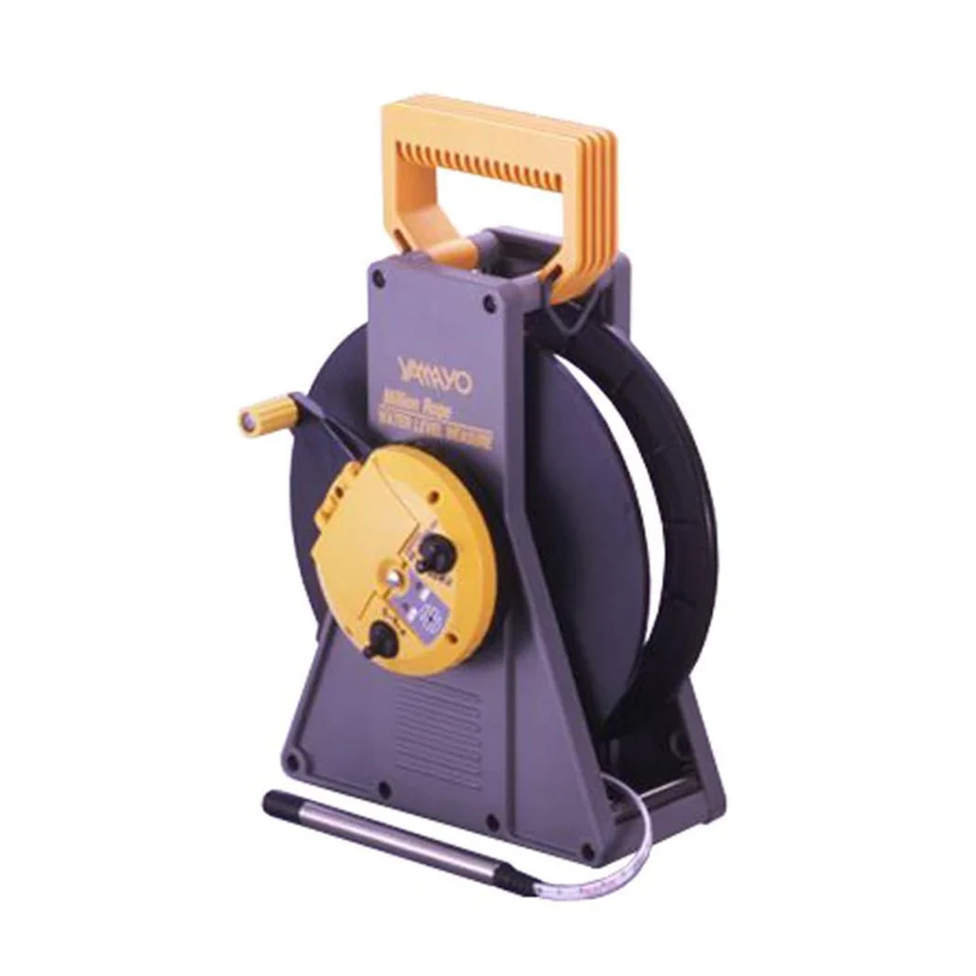 Black and orange reel with handle on a white background