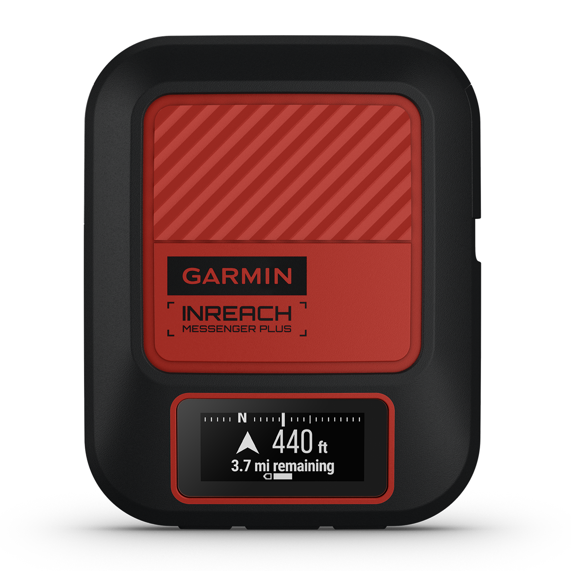 A Garmin InReach Messenger Plus tracker featuring a digital display on a white background.