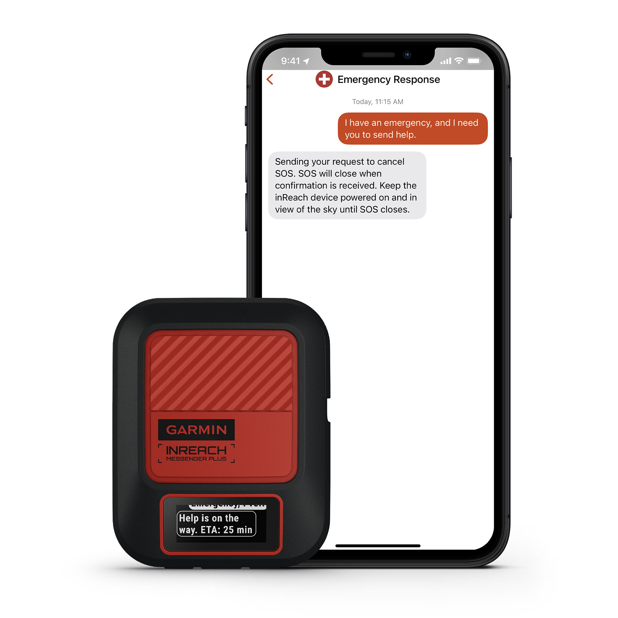 Garmin InReach emergency responder device displaying an emergency response chat