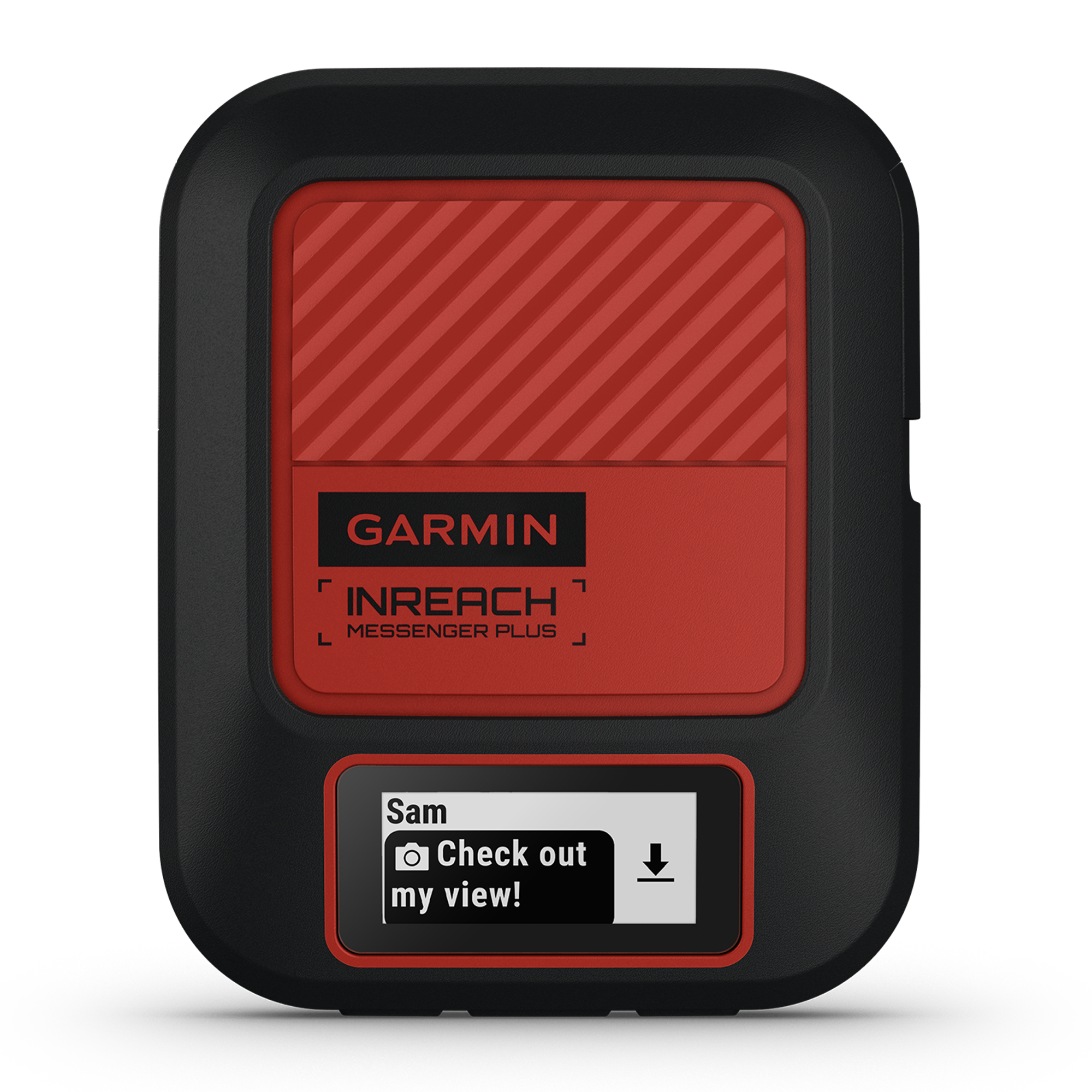 A Garmin InReach Messenger Plus that displays a message from 'Sam' and a download icon