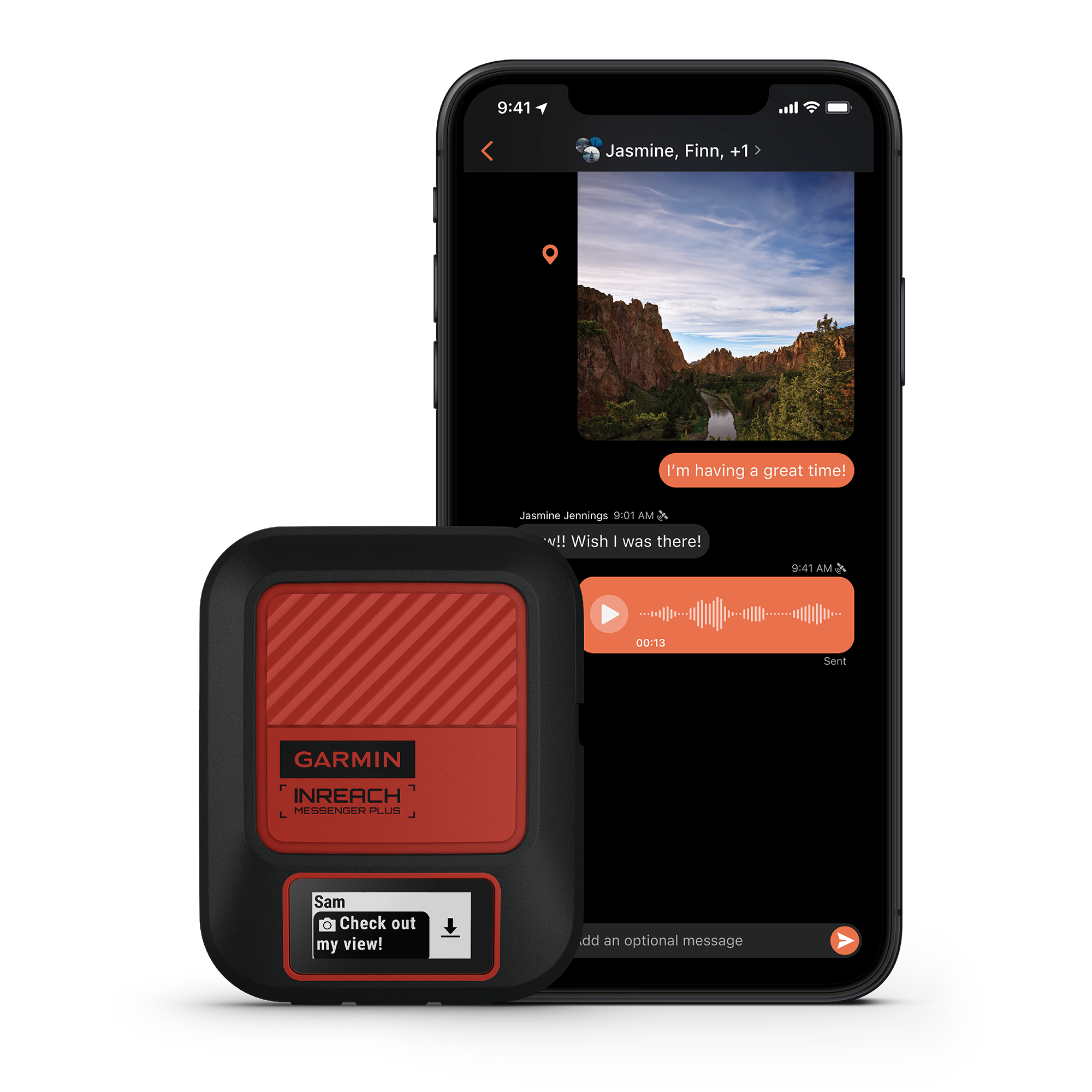 Garmin InReach with a a smartphone displaying a message conversation