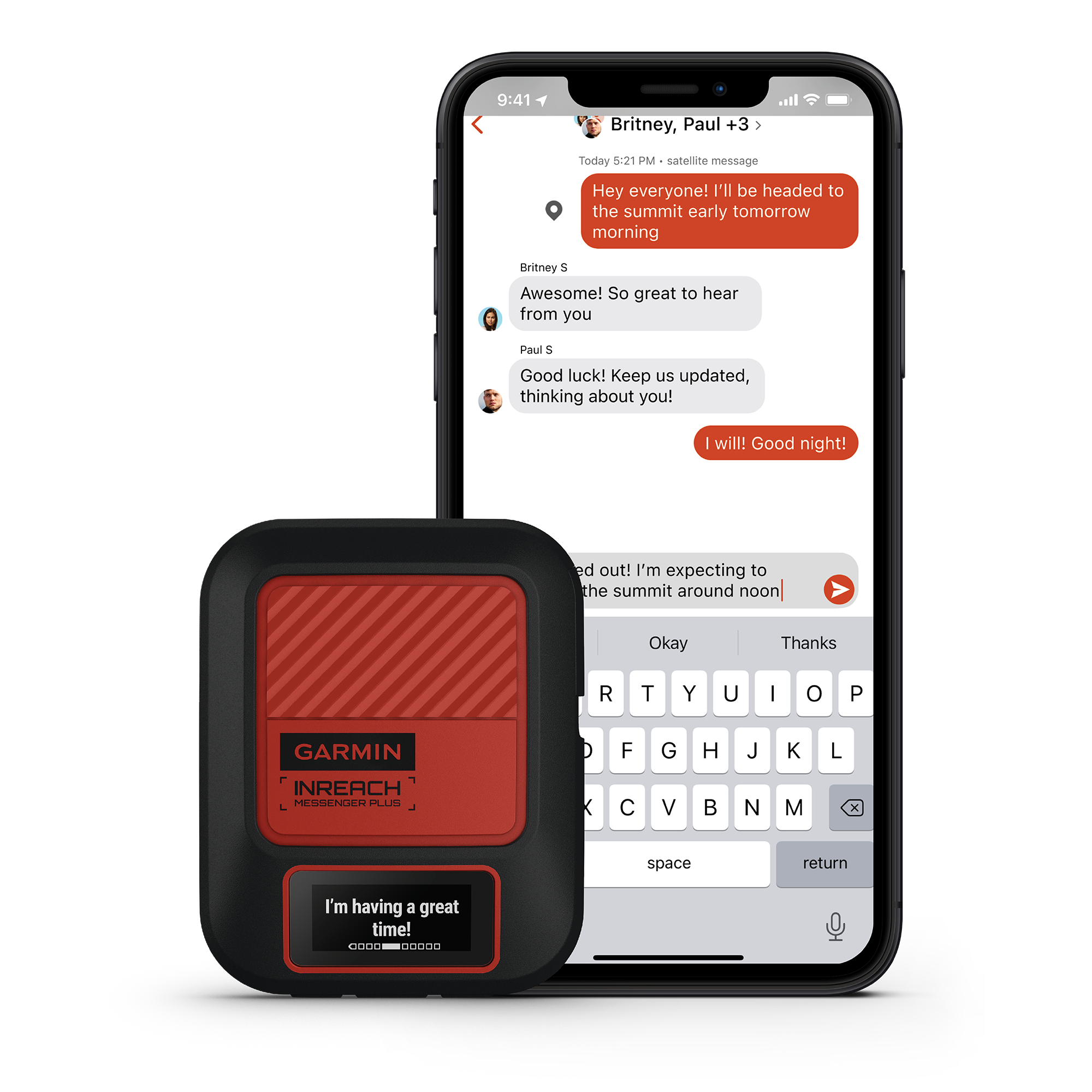 A Garmin InReach displaying a messaging conversation