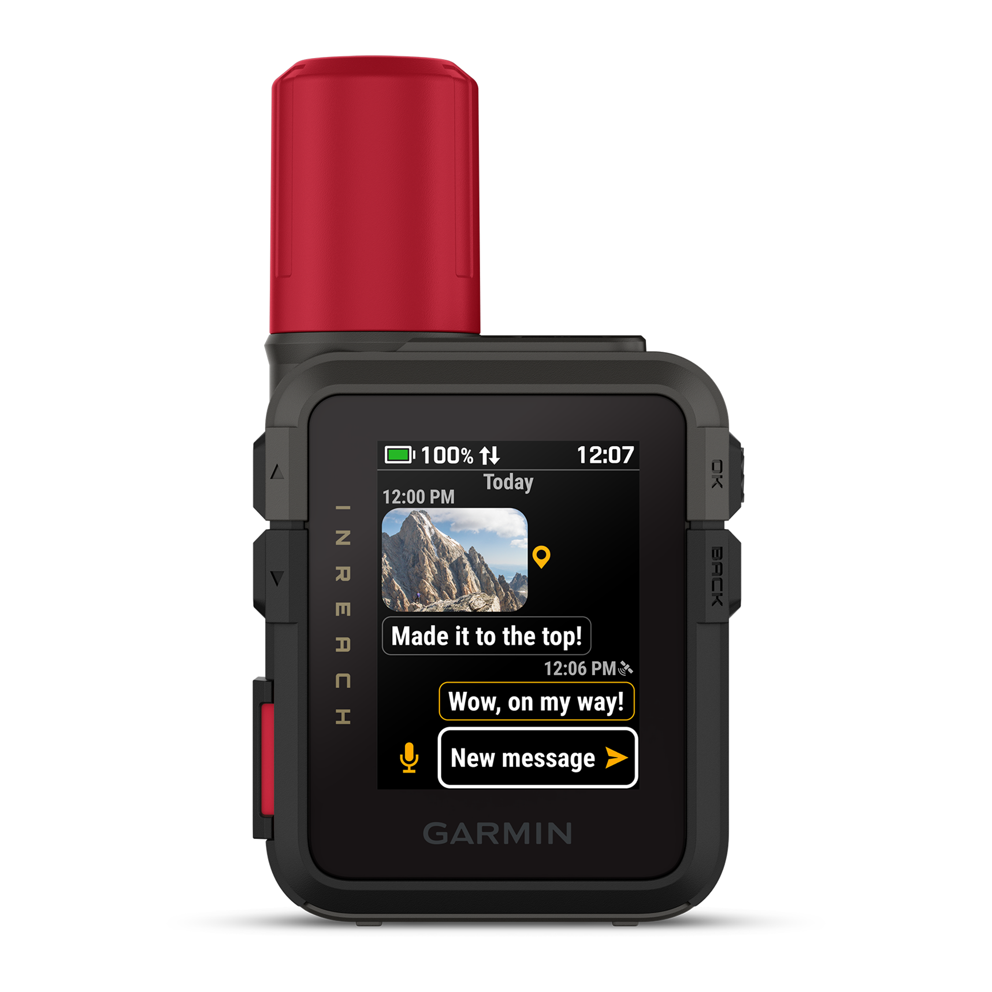 A Garmin GPS with a black protective body and a red antenna. The screen displays a user interface.