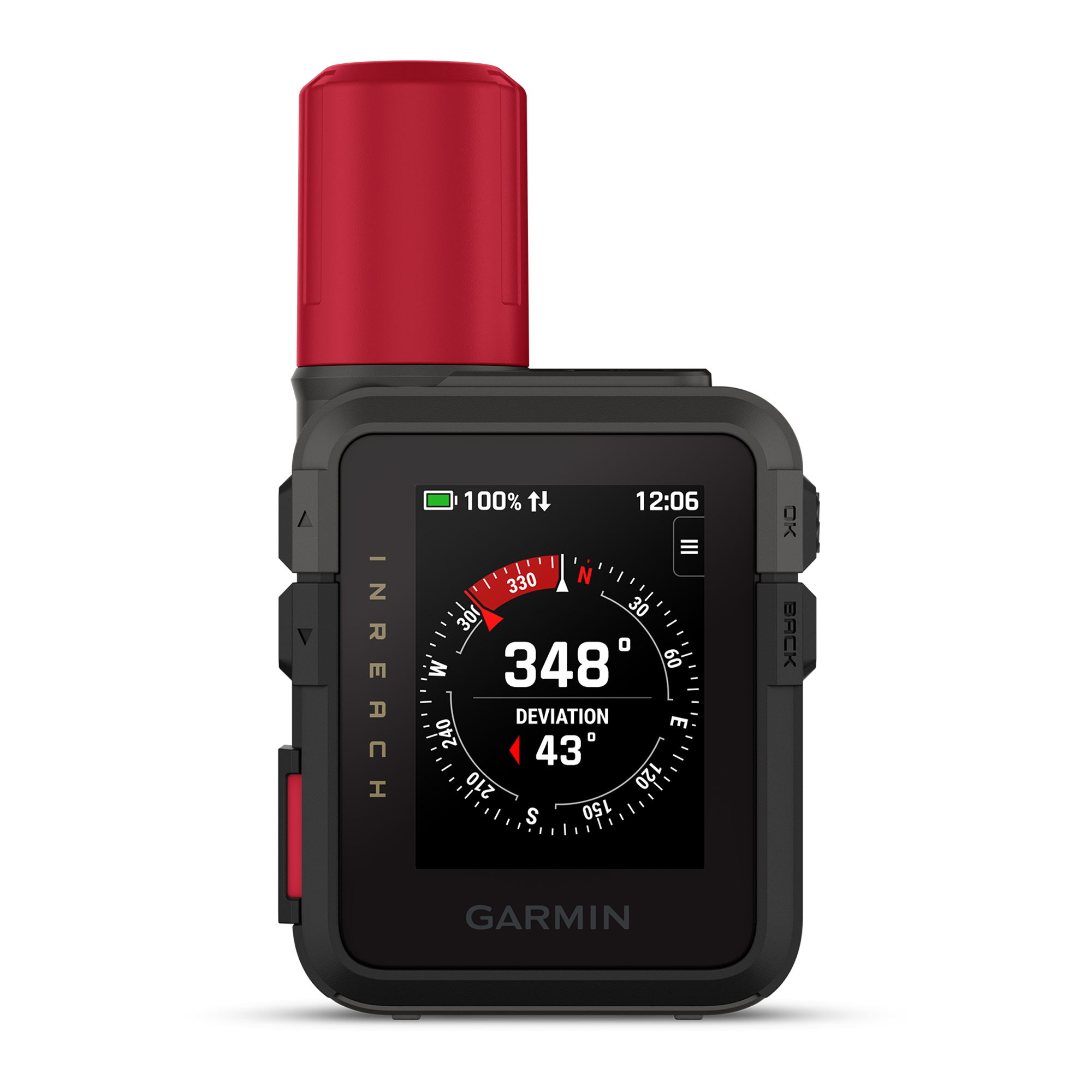 A Garmin GPS device in black with a red top antenna and red side accents