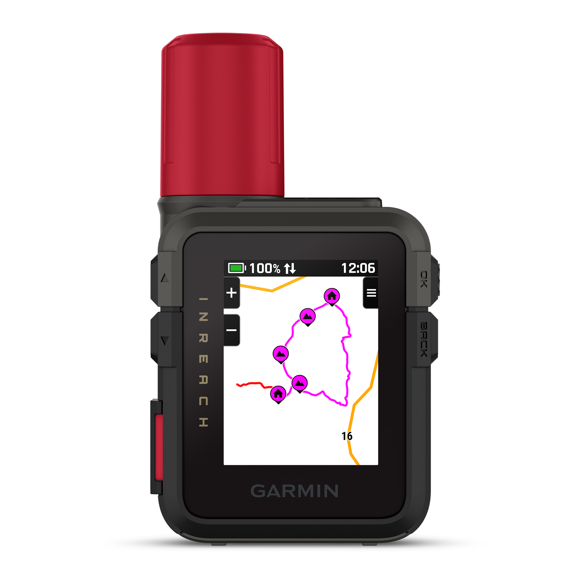 A Garmin InReach smart tracker device. The screen displays a map with various routes