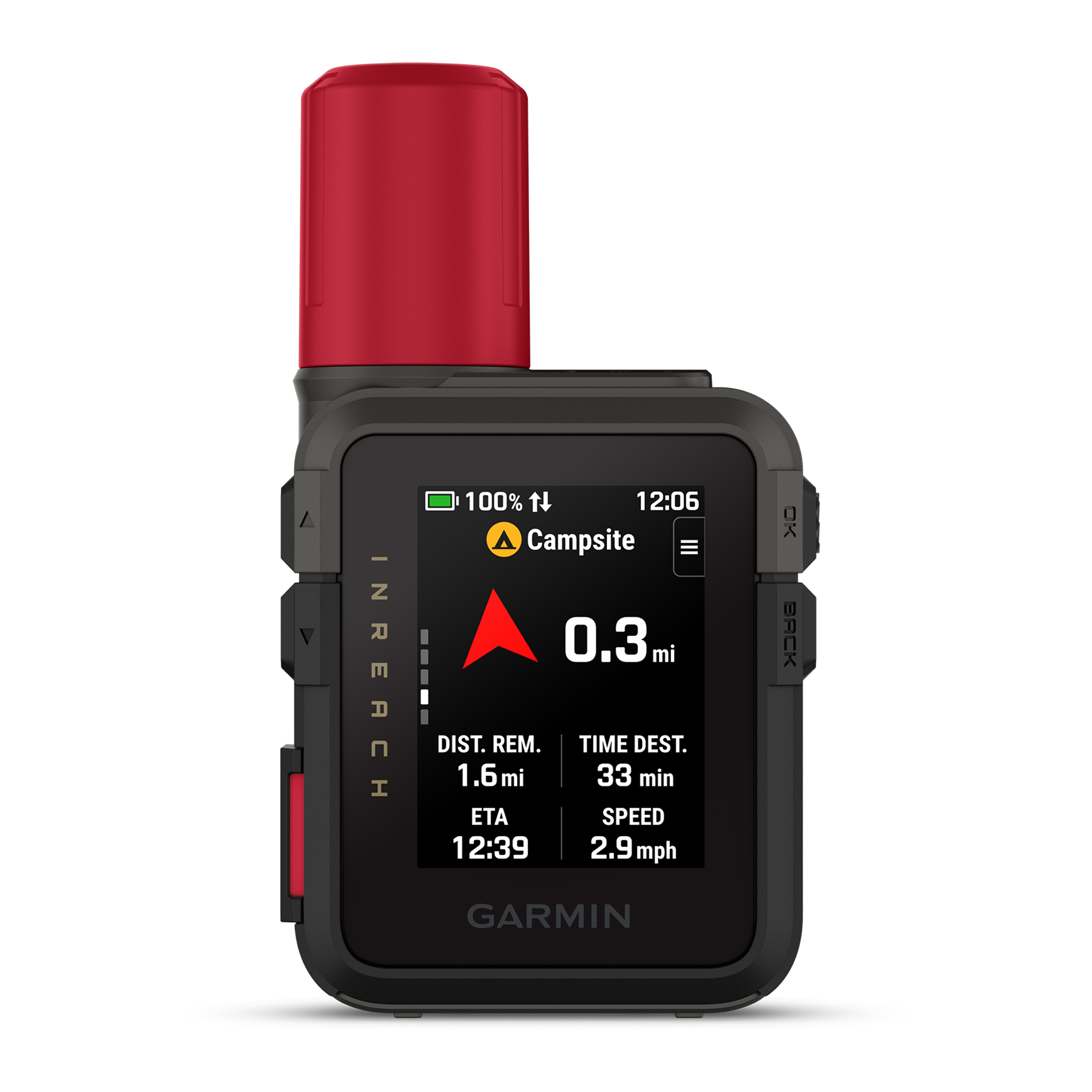 A Garmin InReach GPS with a black protective case and a red antenna