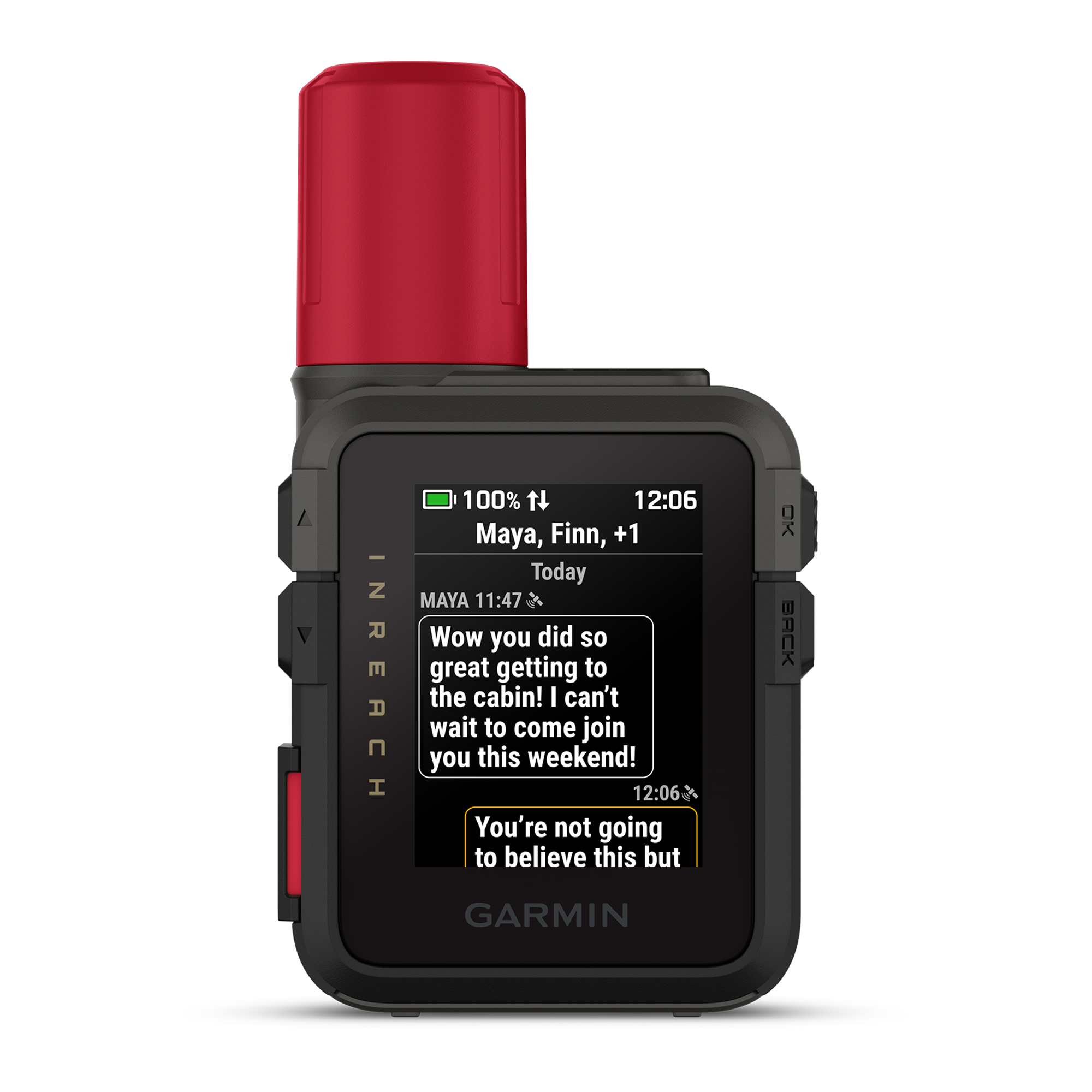 A Garmin rugged electronic device showing text messages on the screen