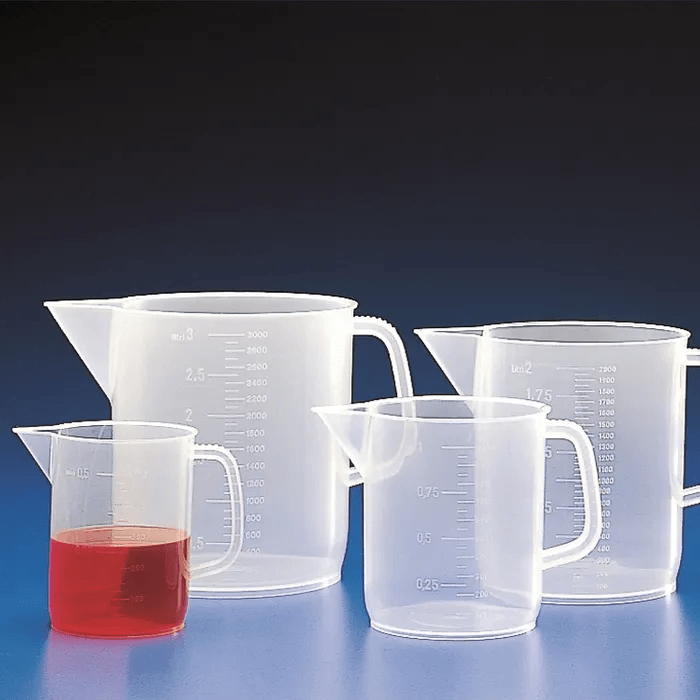 Clear plastic cylinder measuring jugs with markings