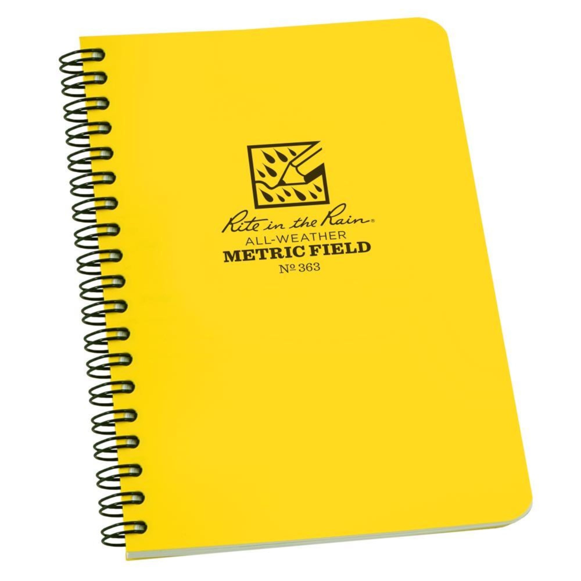 A yellow Rite in the Rain all-weather metric field notebook