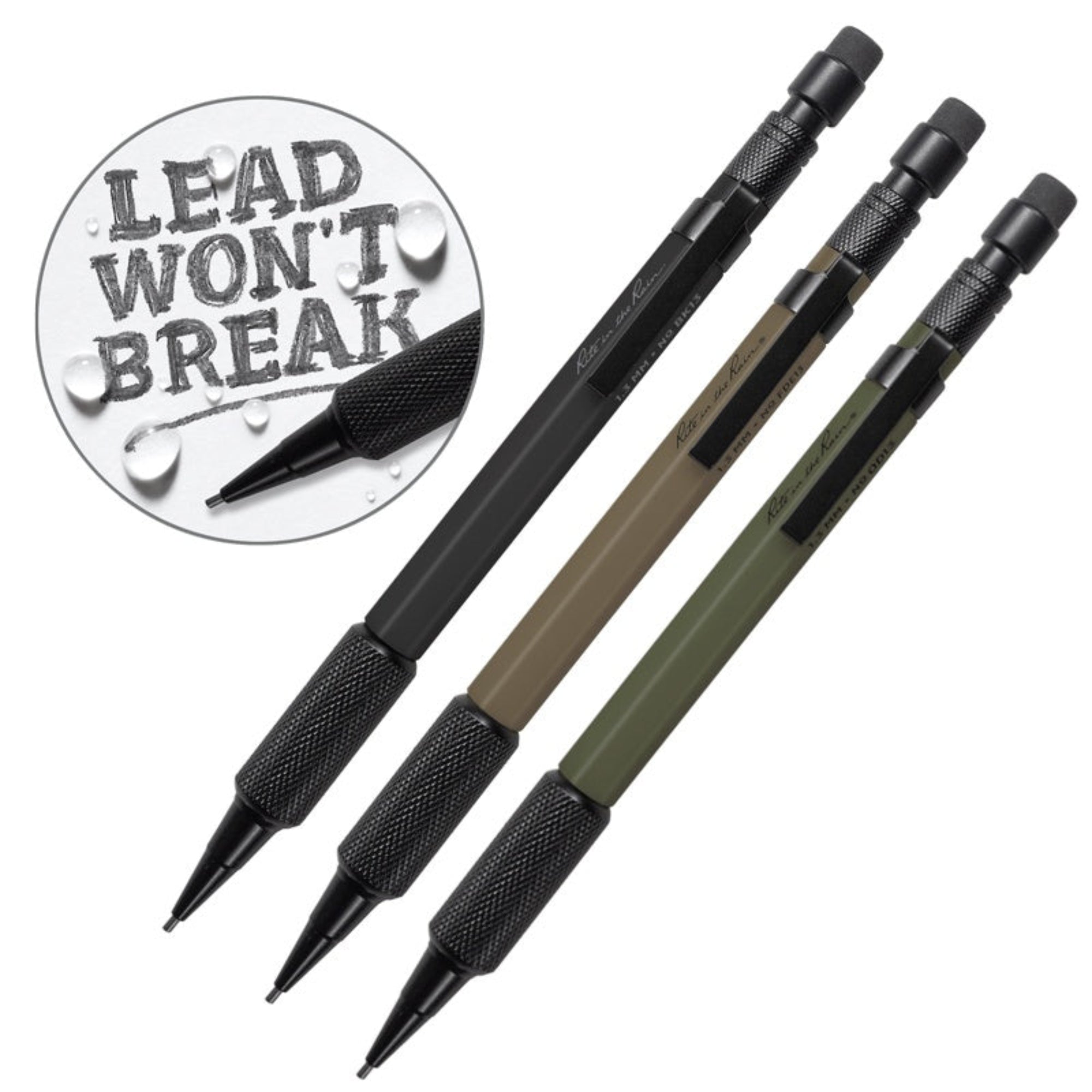 A set of three mechanical clicker pencils in black, olive drab, and flat dark earth colours.