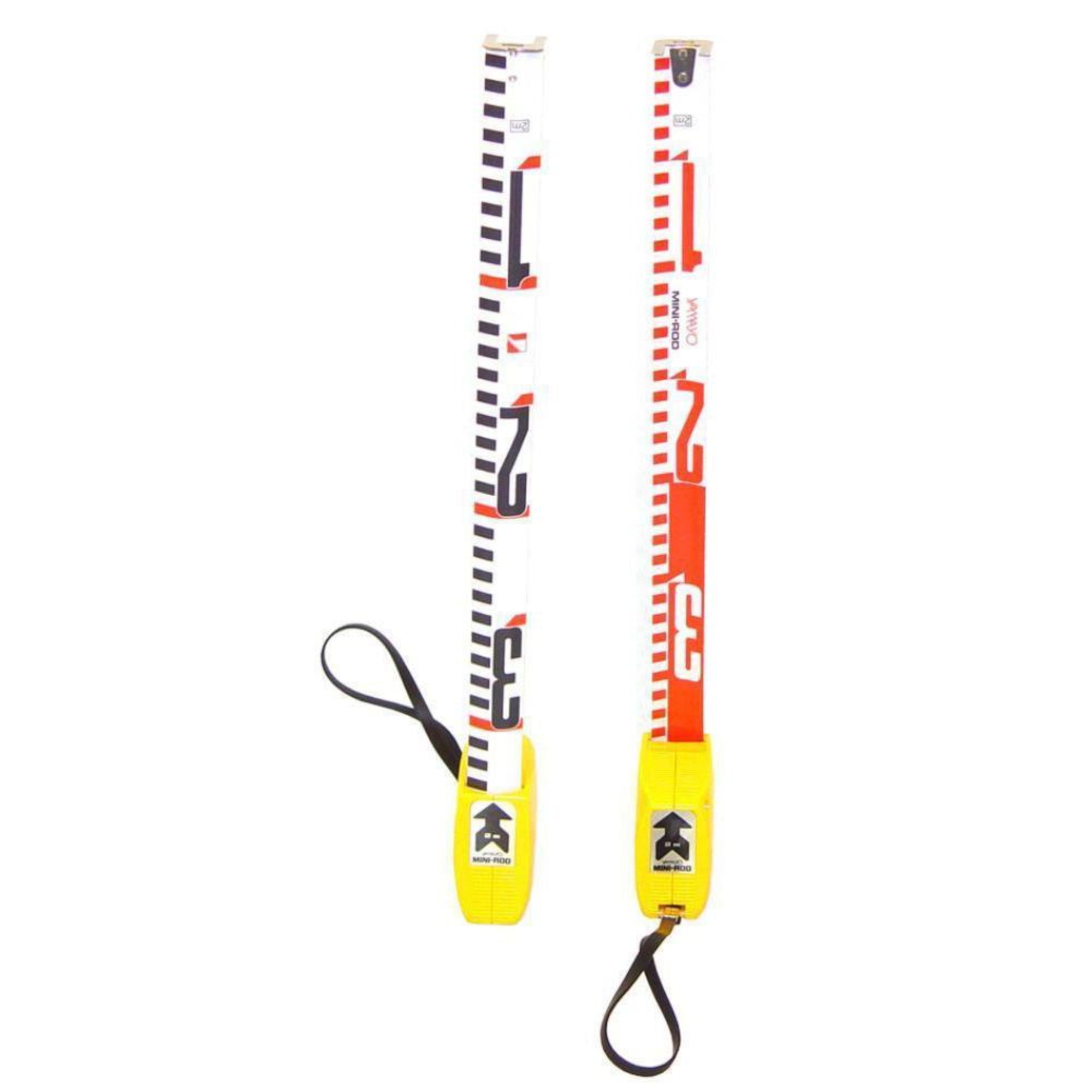 A Yamayo Surveyors Rod Mini Rod that is with red and white markings and a yellow wrist strap.