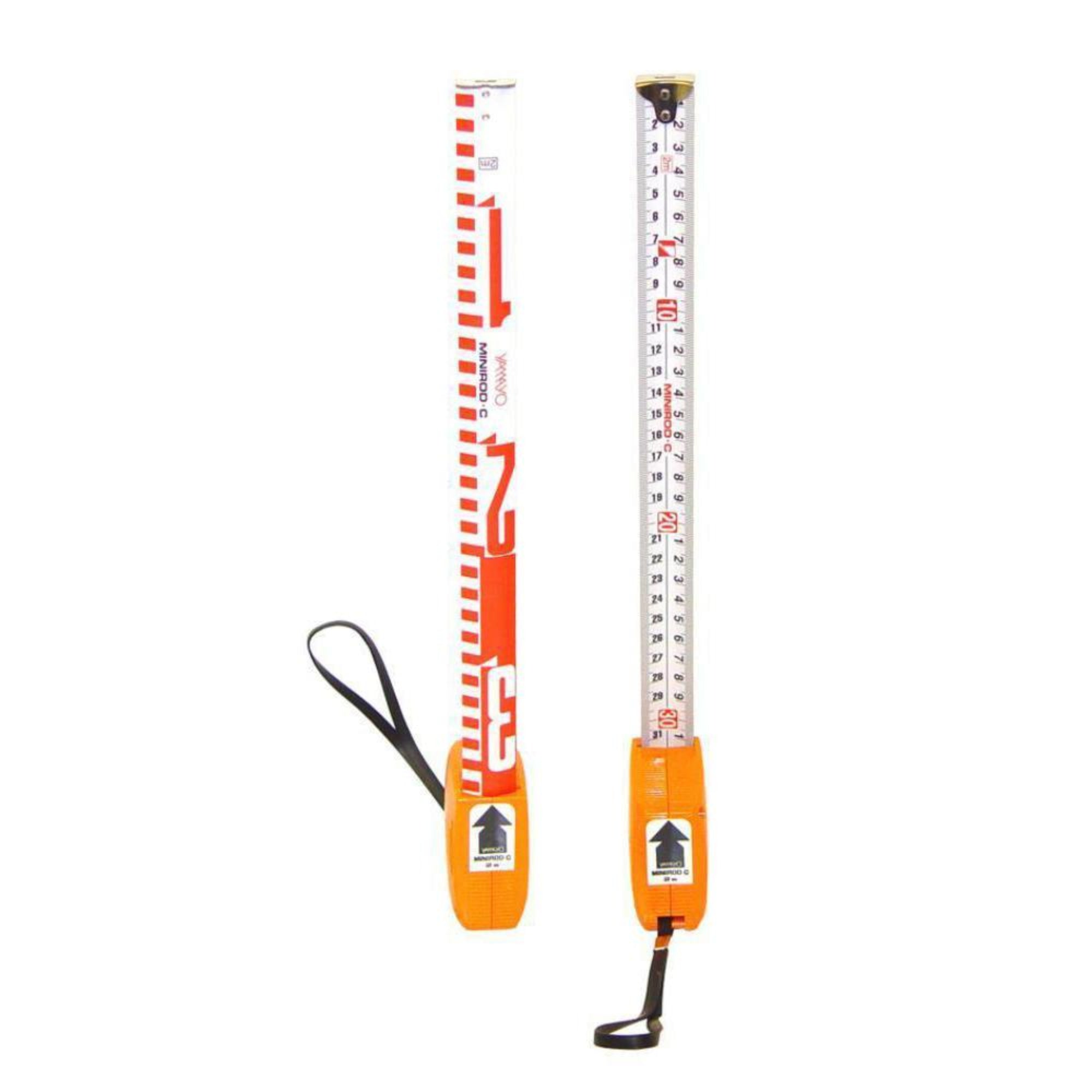 Yamayo Surveyors Rod displayed extended with measurement markings visible, alongside its carrying case.