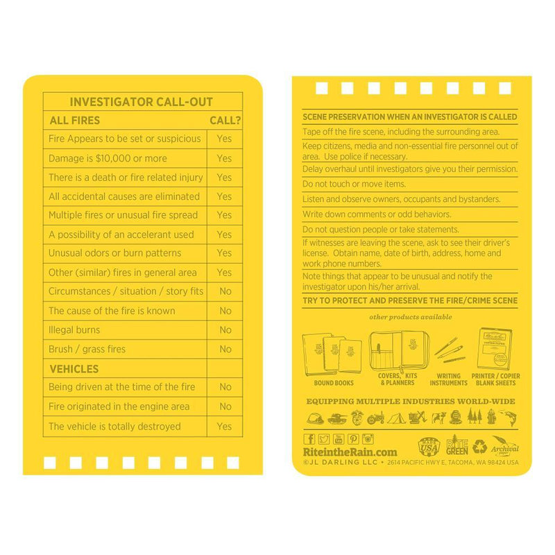 Rite in the Rain 125, All Weather Fire Incident Report Polydura Notebook, 76mm x 127mm