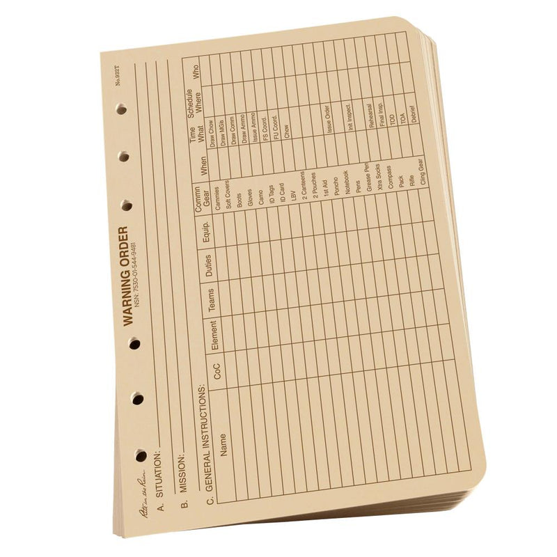 Rite in the Rain 932T, All Weather Tan Warning Order Loose Leaf Sheets, 117mm x 177mm