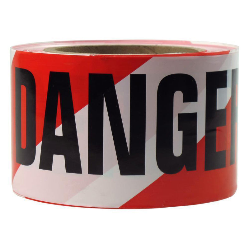 White and Red Stripe Danger Presco Barricade Tape 75mm Wide; 91m Long - ON SALE!